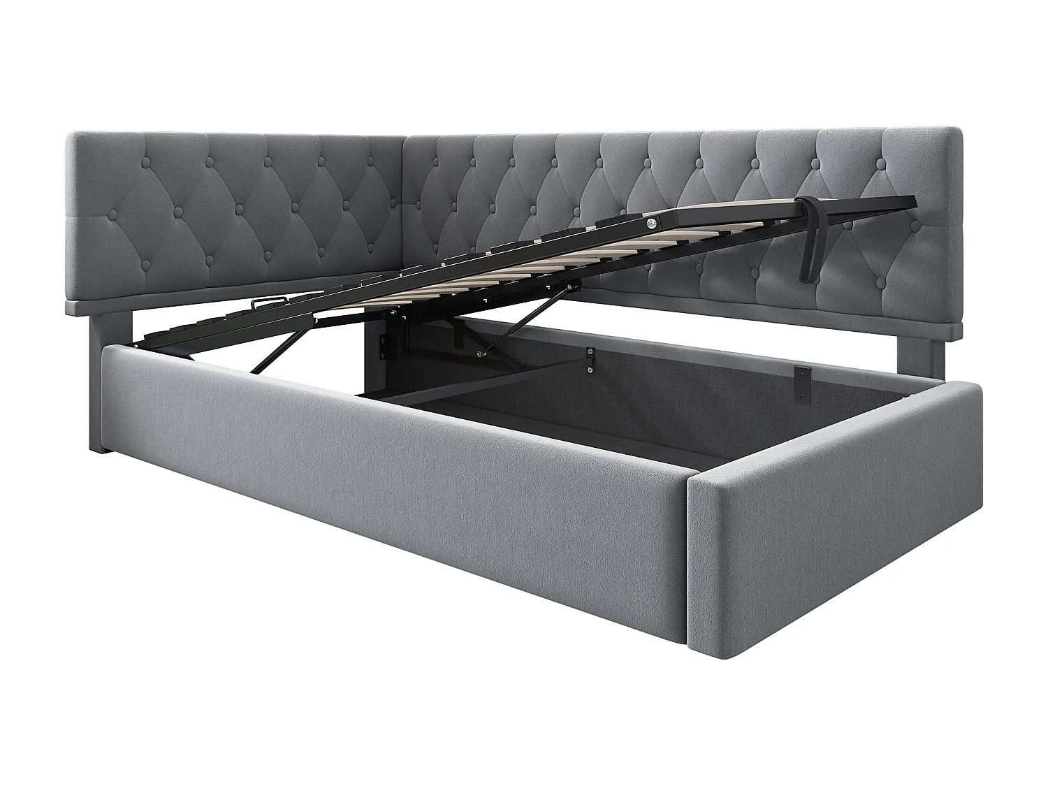 Letto contenitore 90x200 cm design a L, divano letto in velluto grigio, senza materasso