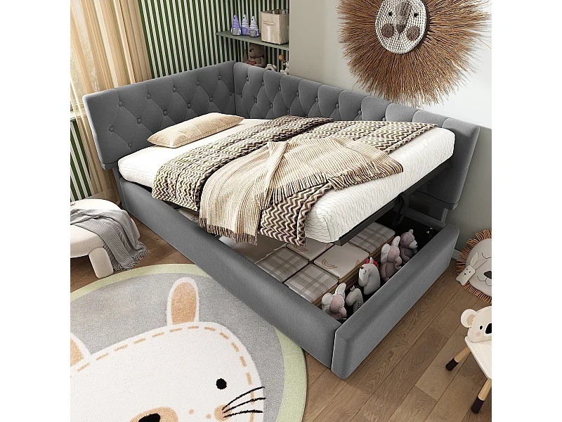 Cama com arrumação 90x200cm design em L, sofá-cama em veludo cinza, sem colchão