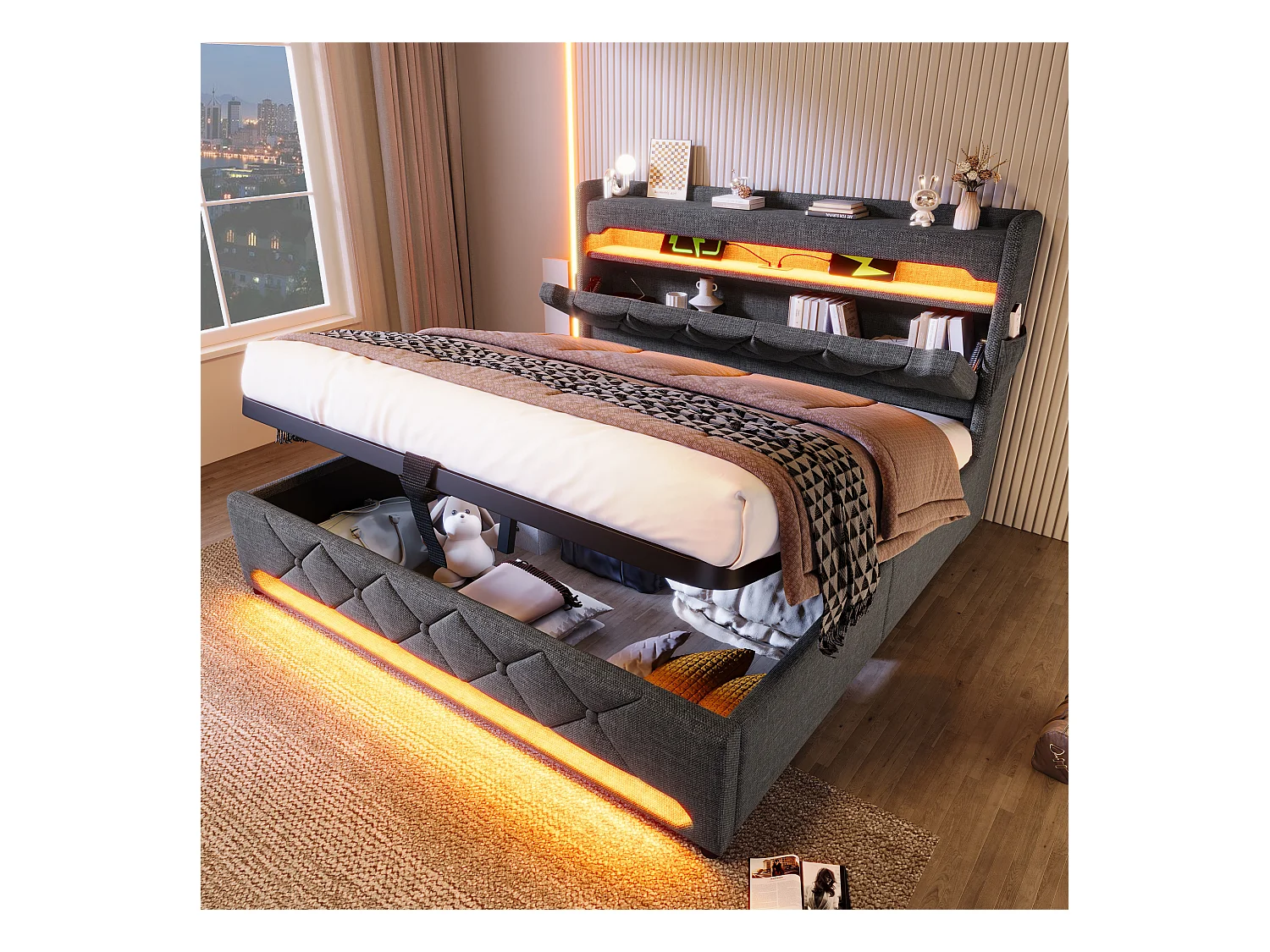 Lit coffre adulte 140x200cm avec LED et USB Type-C, lin, gris, sans matelas