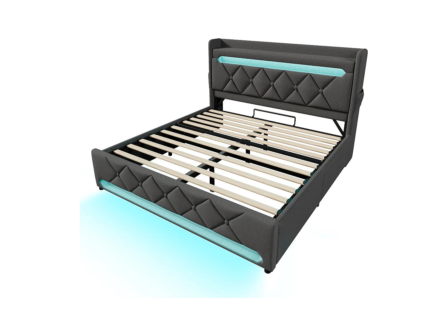 Lit coffre adulte 140x200cm avec LED et USB Type-C, lin, gris, sans matelas