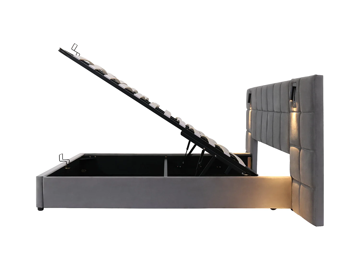 Lit coffre adulte 160x200cm gris en velours avec liseuse + USB, sans table de chevet, sans matelas