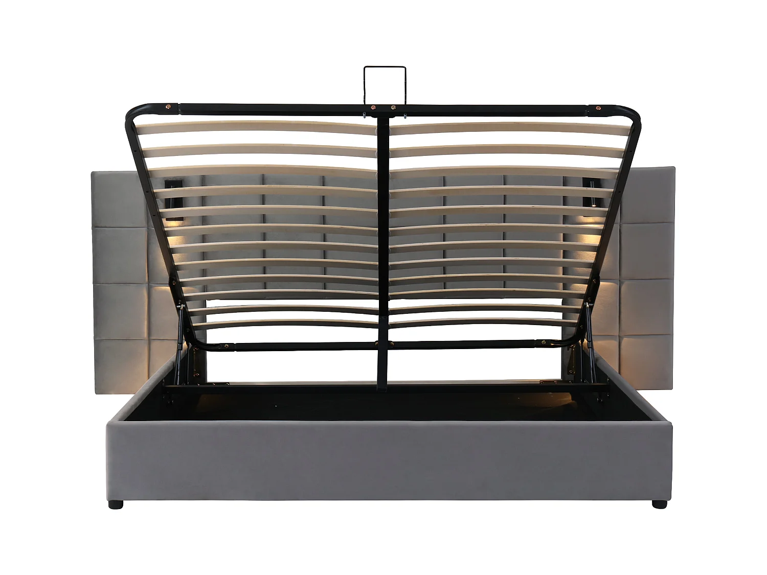 Lit coffre adulte 160x200cm gris en velours avec liseuse + USB, sans table de chevet, sans matelas