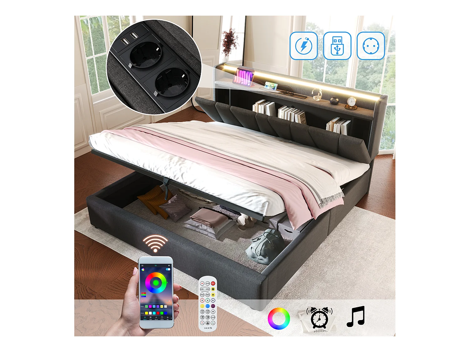 Lit coffre adulte 140x200cm avec LED et USB Type-C, lin, gris, sans matelas