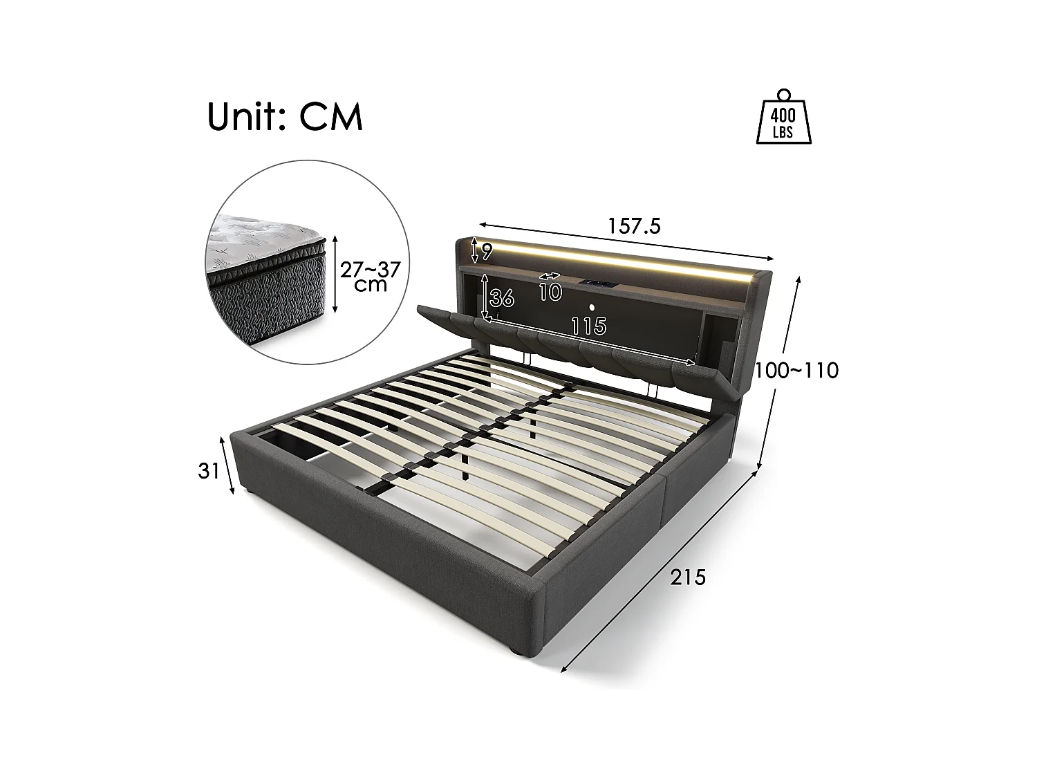 Lit coffre adulte 140x200cm avec LED et USB Type-C, lin, gris, sans matelas