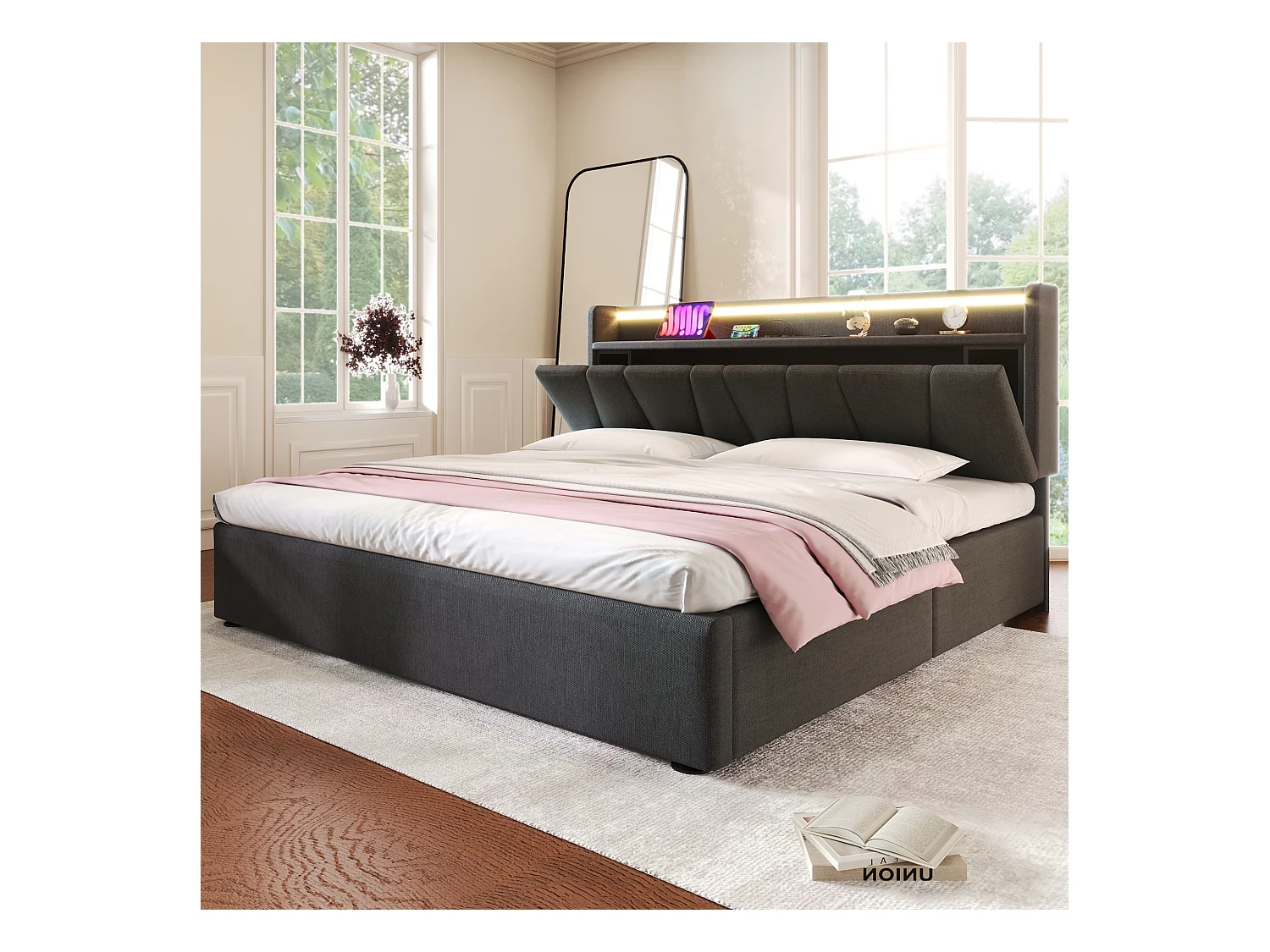 Lit coffre adulte 140x200cm avec LED et USB Type-C, lin, gris, sans matelas