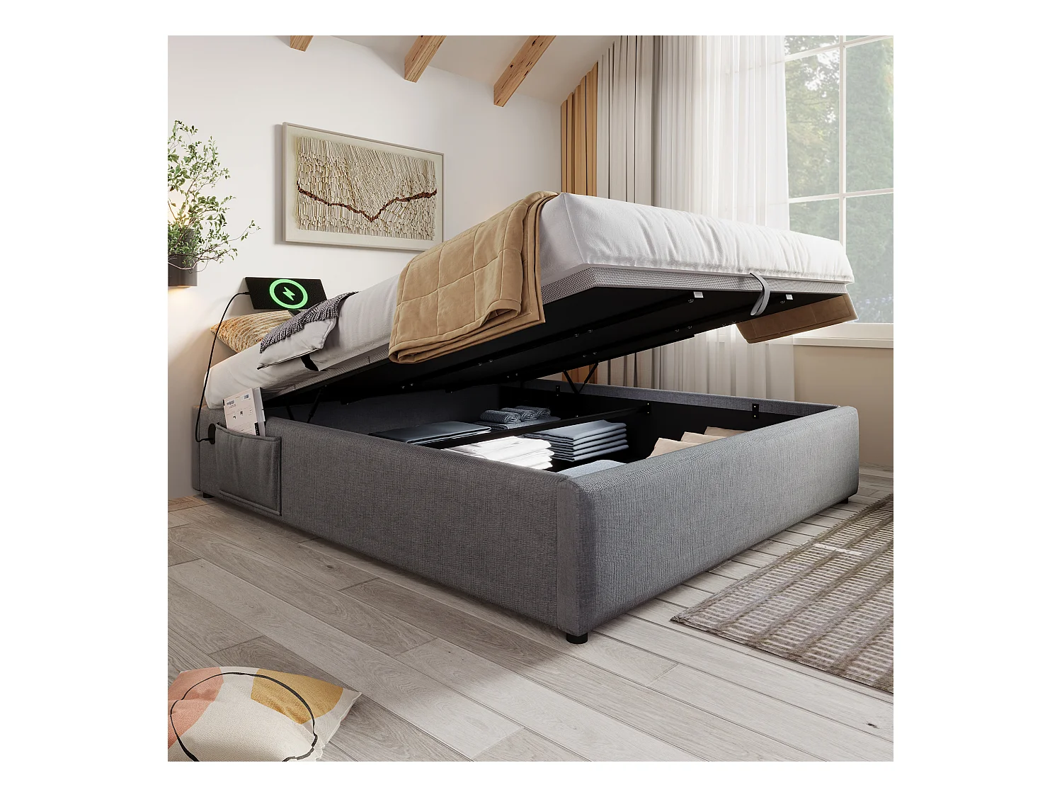 Lit coffre adulte 160x200cm sans Tête de lit, cotton et lin, gris, sans matelas