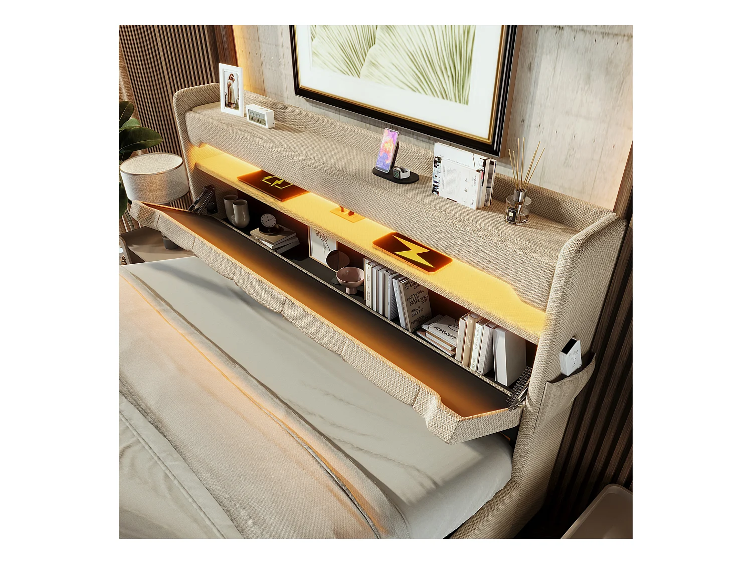 Lit coffre adulte 160x200cm avec LED et USB Type-C, lin, beige, sans matelas