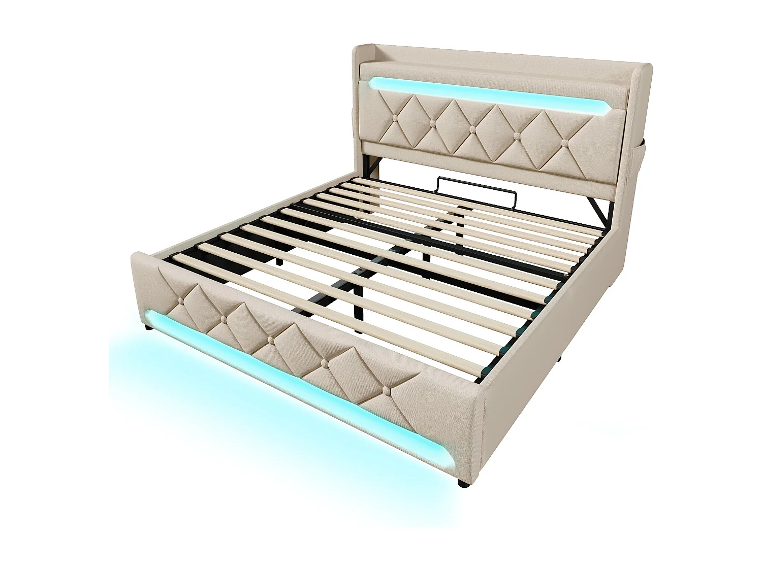 Lit coffre adulte 160x200cm avec LED et USB Type-C, lin, beige, sans matelas