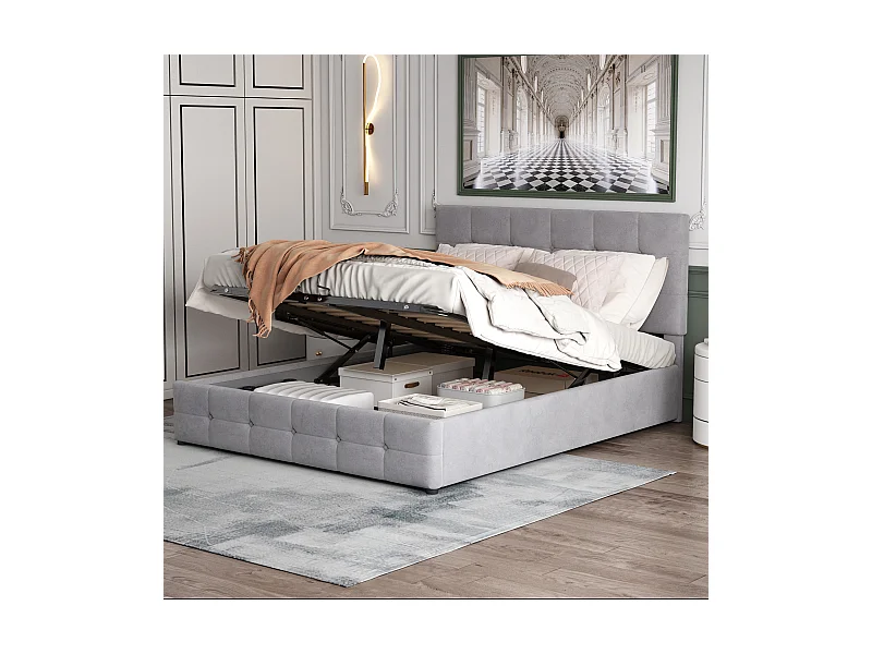 Lit coffre adulte 140x200cm gris en velours, tête de lit réglable en hauteur, sans matelas
