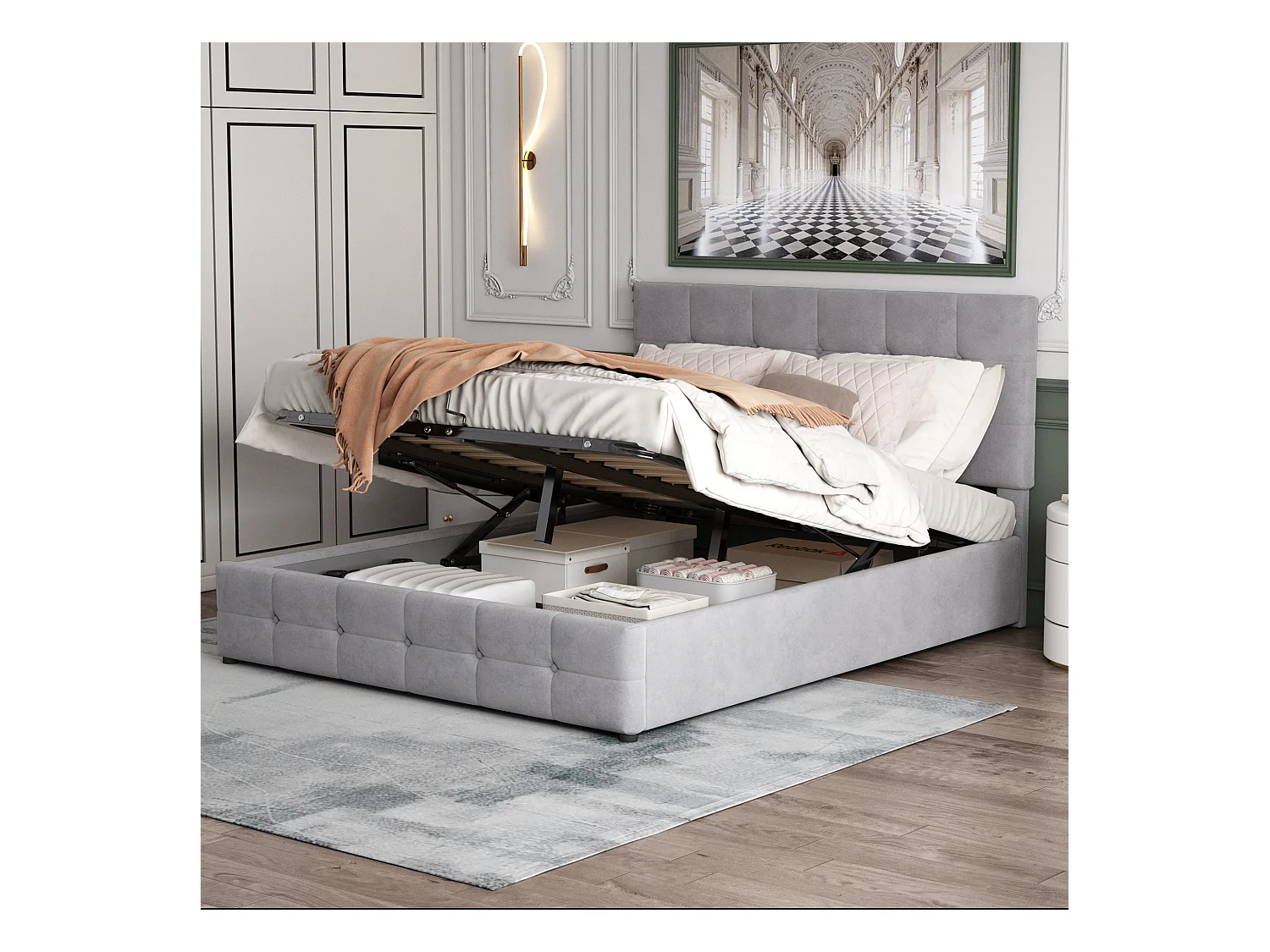 Lit coffre adulte 140x200cm gris en velours, tête de lit réglable en hauteur, sans matelas