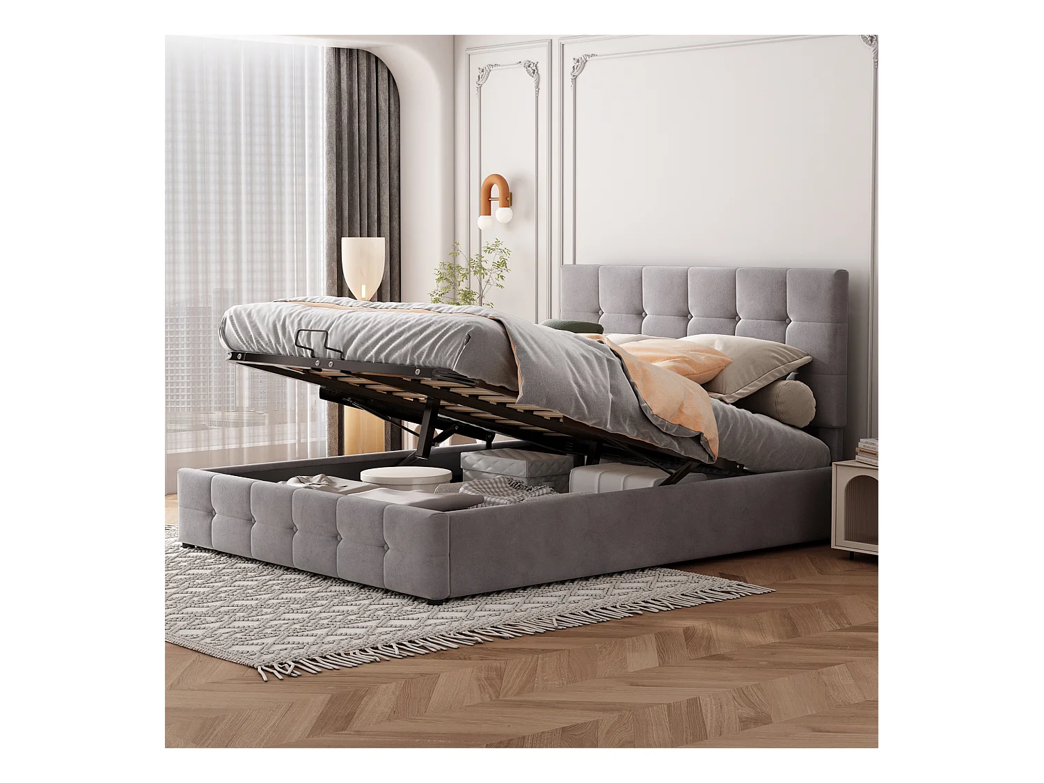 Lit coffre adulte 140x200cm gris en velours, tête de lit réglable en hauteur, sans matelas