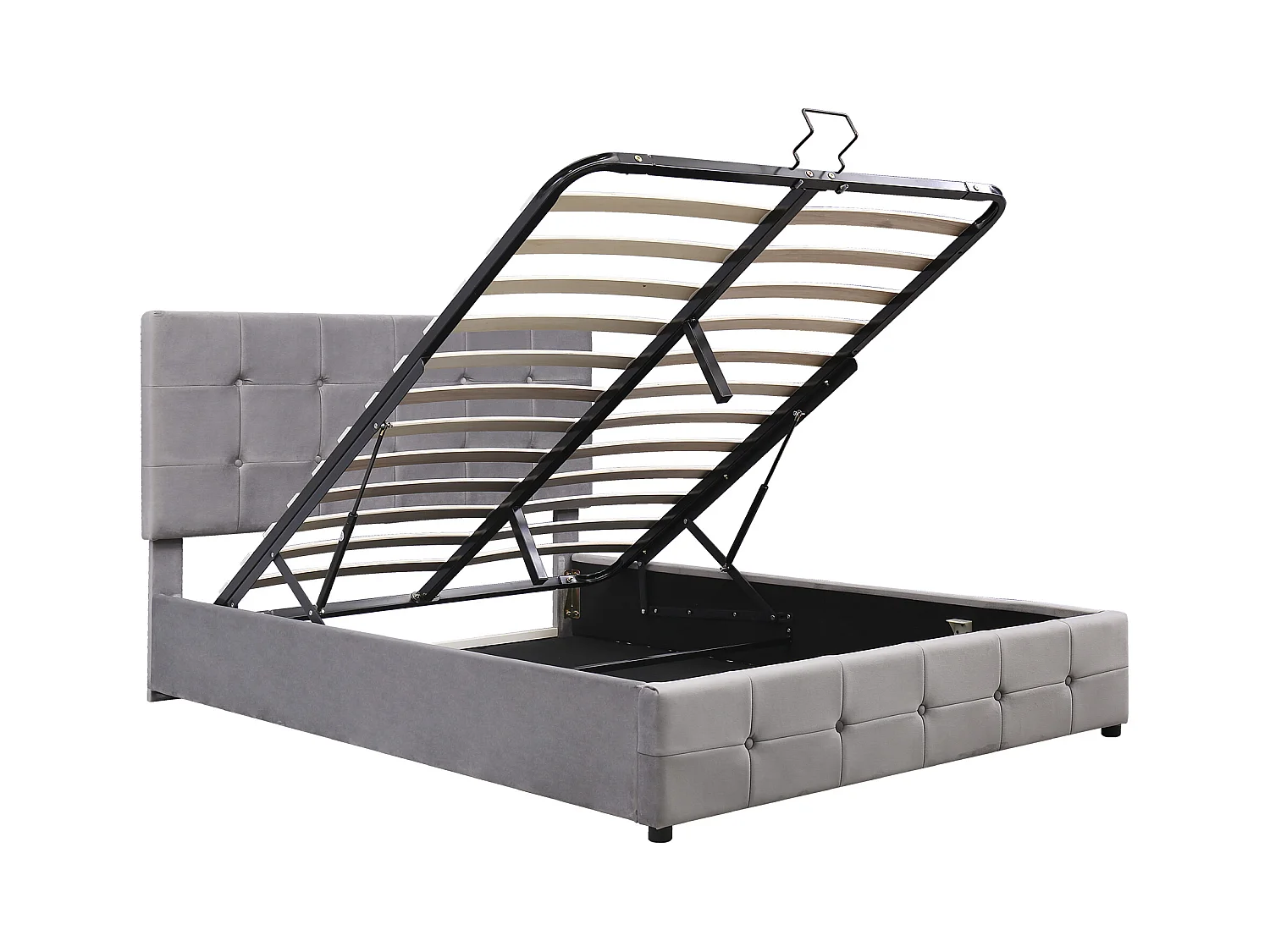 Lit coffre adulte 140x200cm gris en velours, tête de lit réglable en hauteur, sans matelas