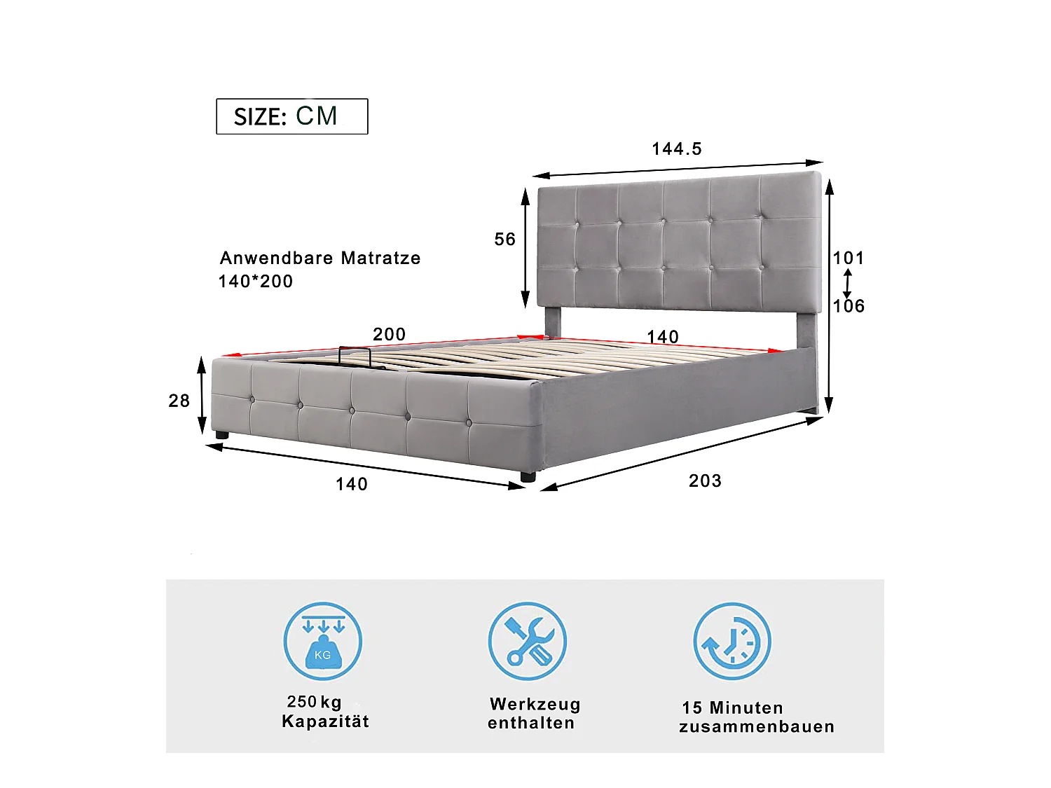 Lit coffre adulte 140x200cm gris en velours, tête de lit réglable en hauteur, sans matelas