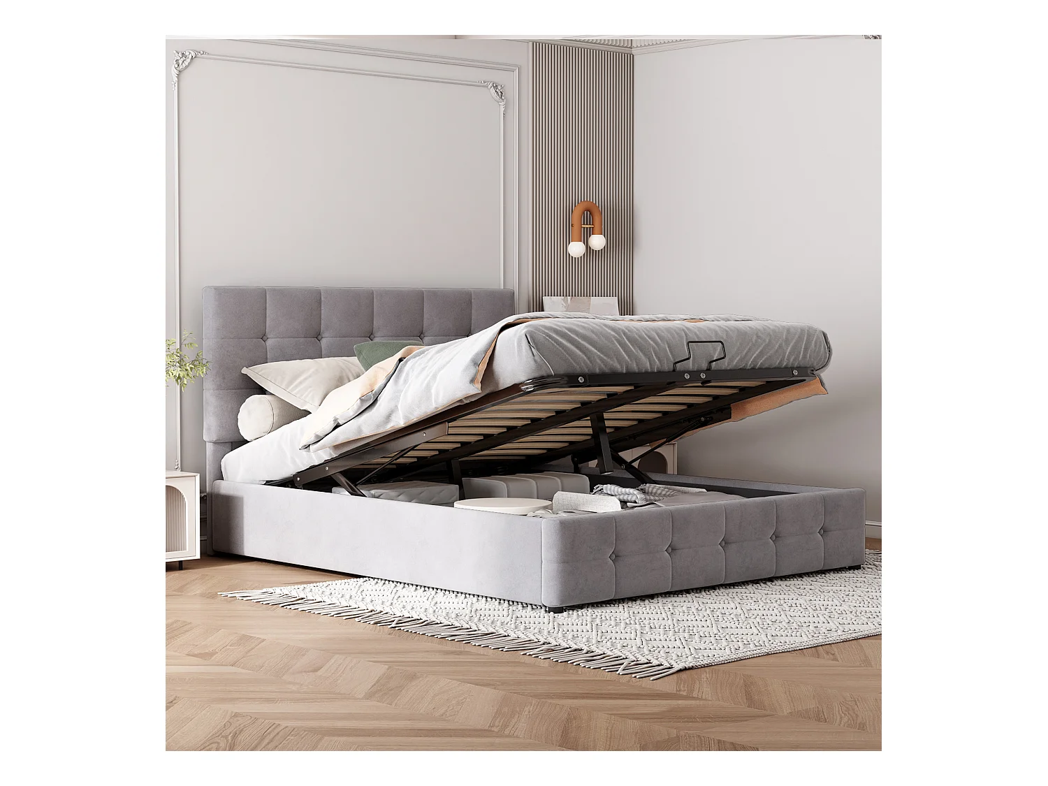 Lit coffre adulte 140x200cm gris en velours, tête de lit réglable en hauteur, sans matelas