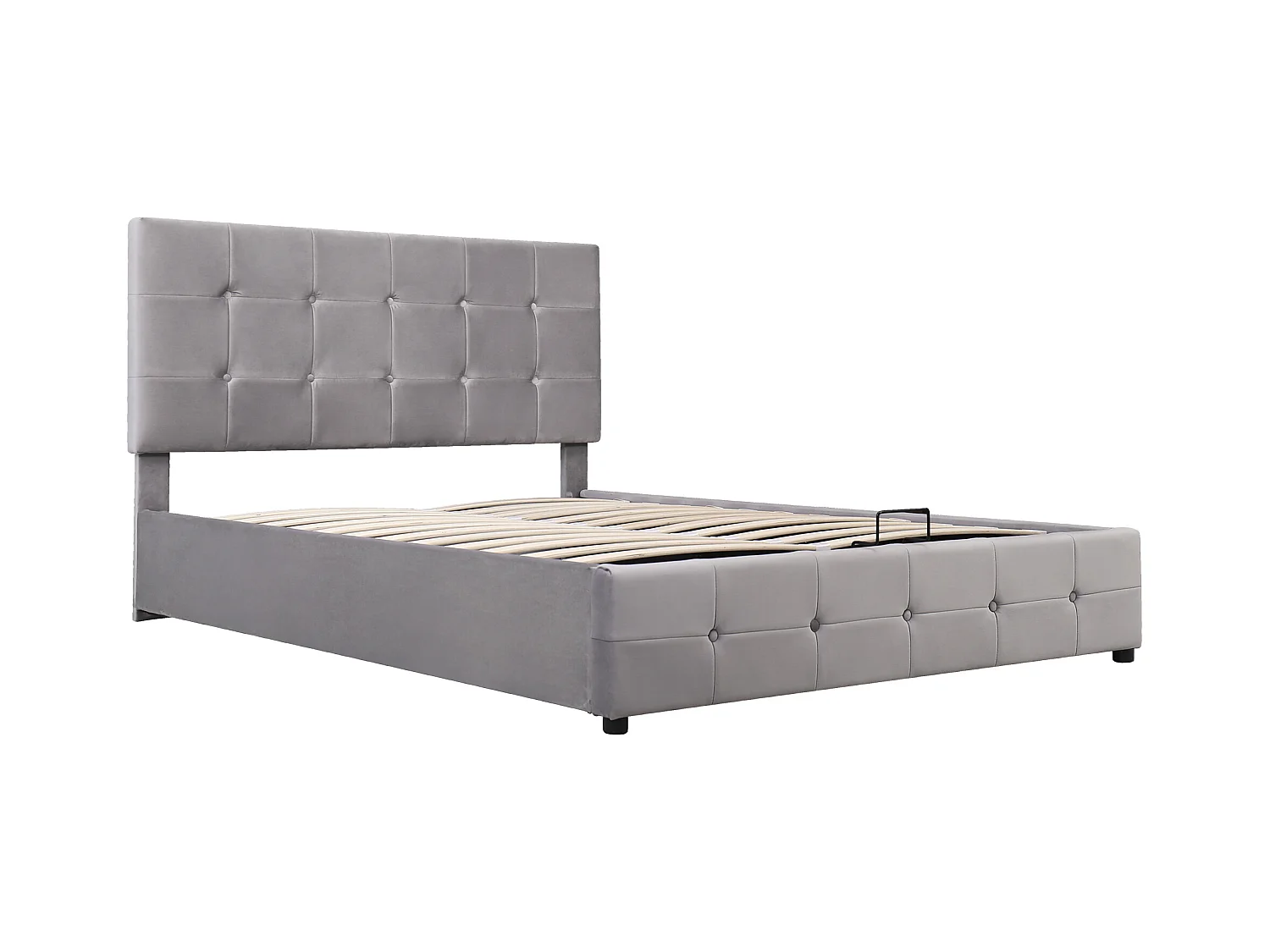 Lit coffre adulte 140x200cm gris en velours, tête de lit réglable en hauteur, sans matelas