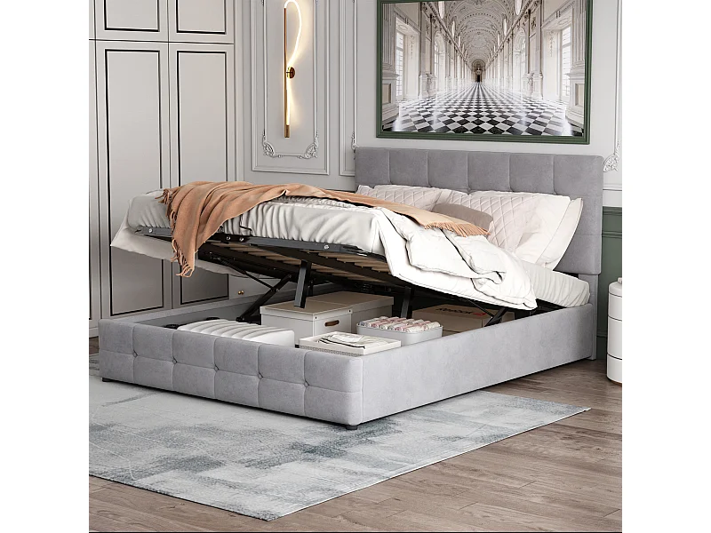 Cama com arrumação adulto 140x200 cm cinza em veludo, cabeceira regulável em altura, sem colchão