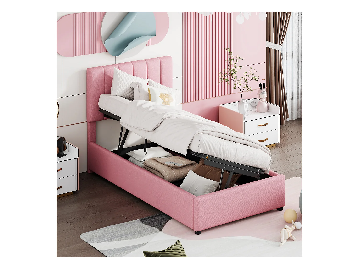 Lit coffre enfant 90x200cm rose en lin, Sommier à lattes, sans matelas