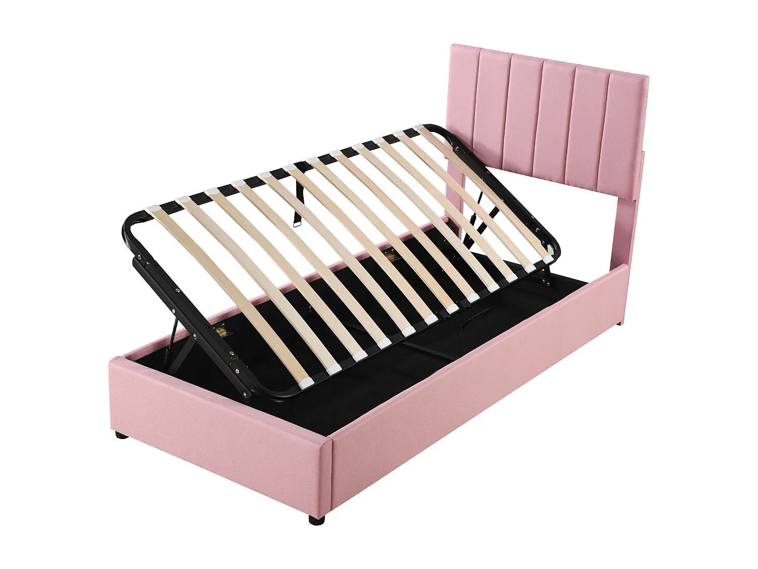 Lit coffre enfant 90x200cm rose en lin, Sommier à lattes, sans matelas