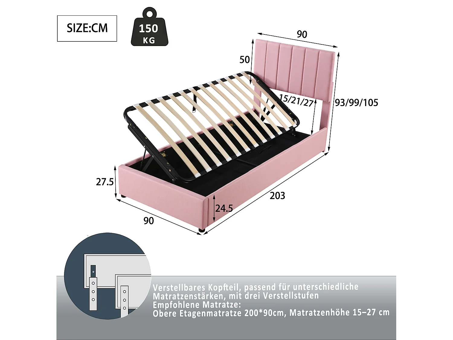 Lit coffre enfant 90x200cm rose en lin, Sommier à lattes, sans matelas