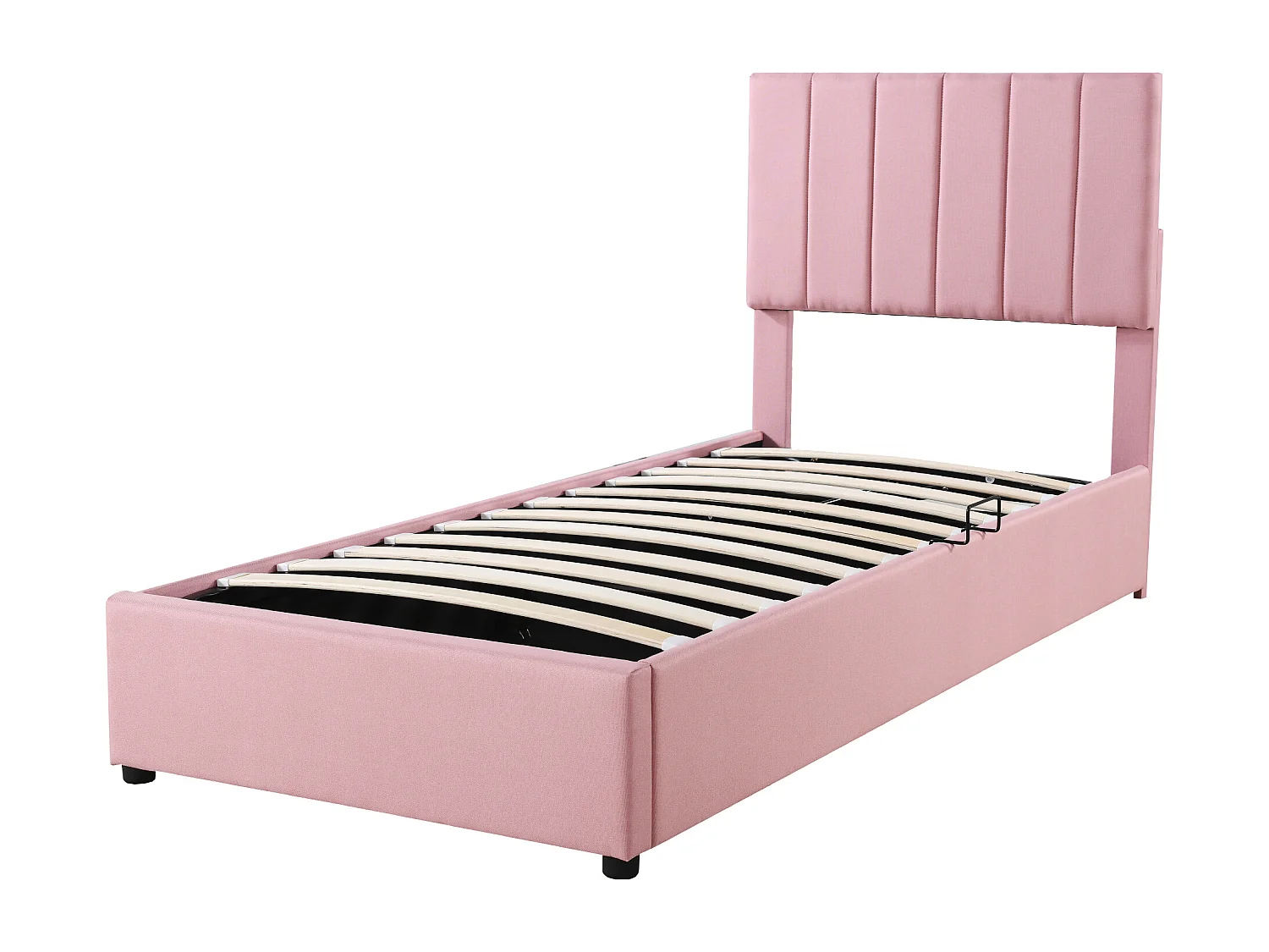 Lit coffre enfant 90x200cm rose en lin, Sommier à lattes, sans matelas