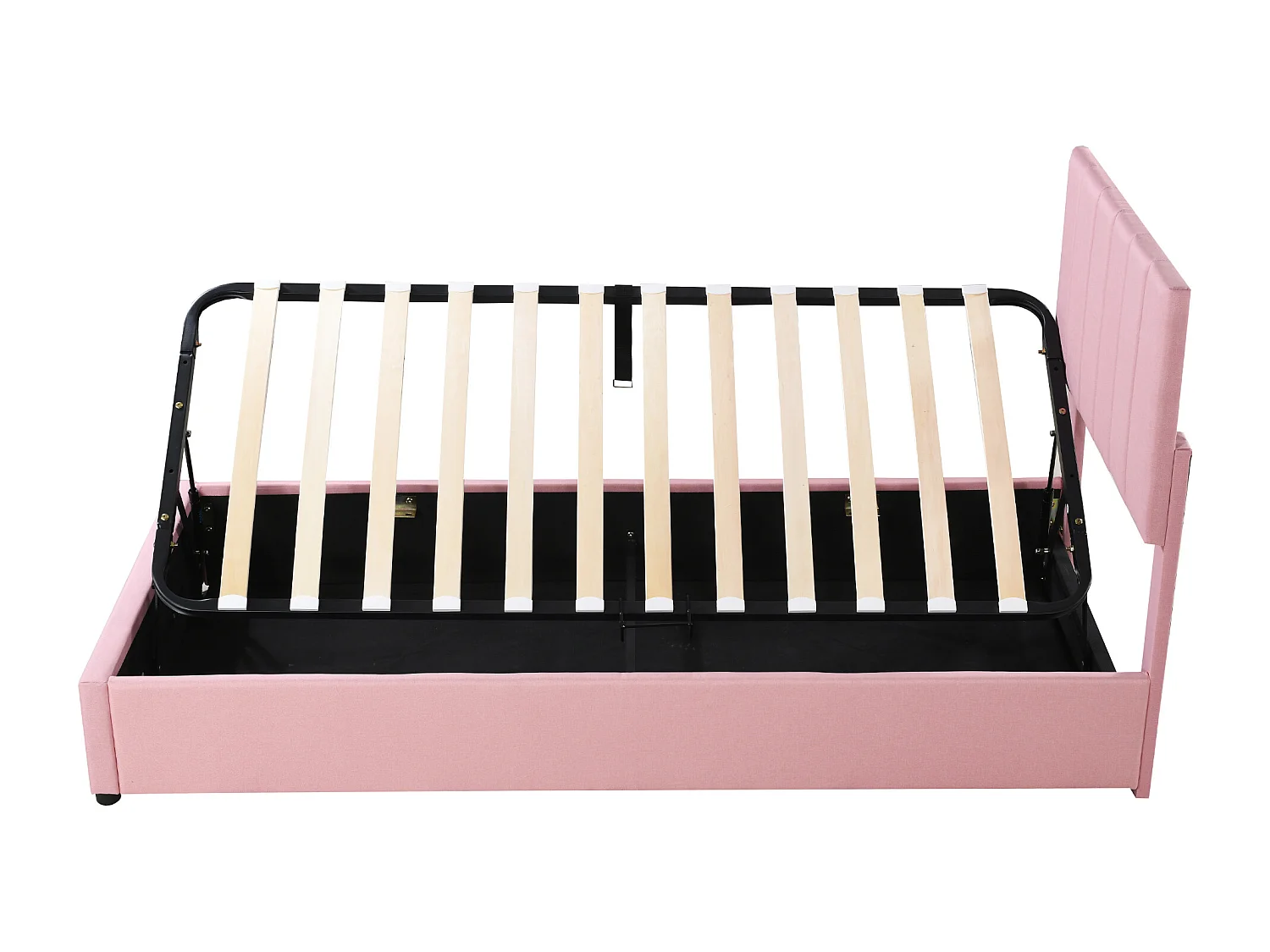 Lit coffre enfant 90x200cm rose en lin, Sommier à lattes, sans matelas