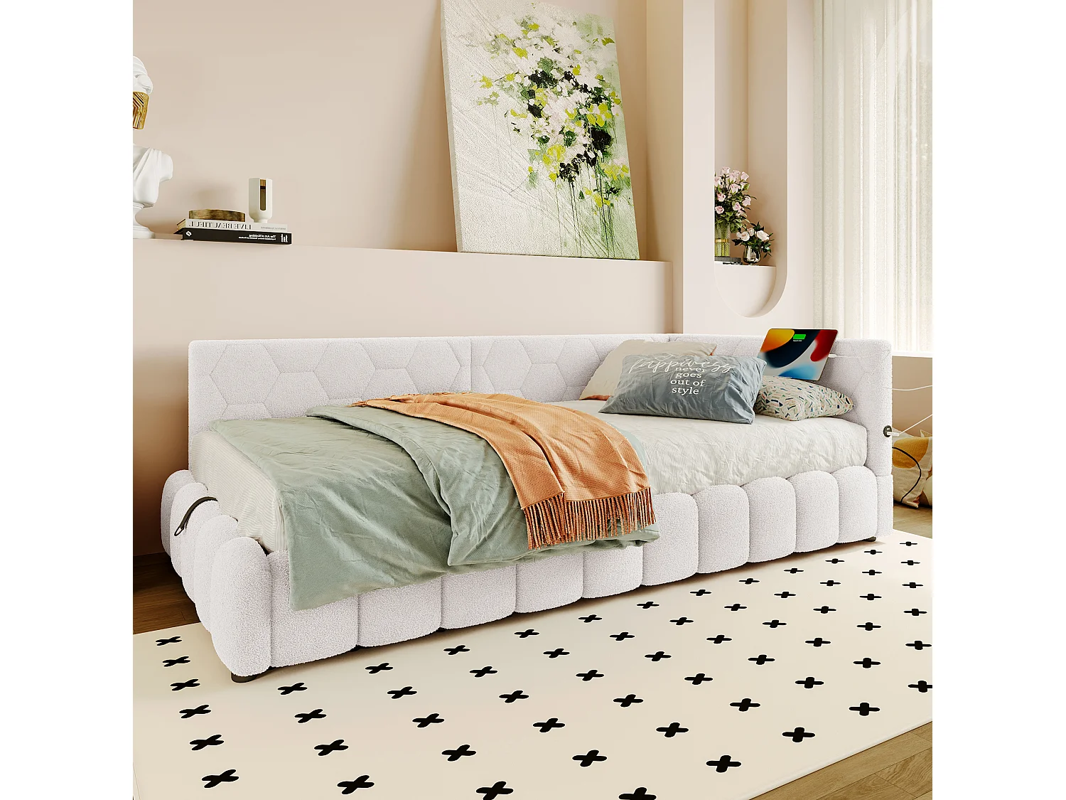 lit coffre enfant 90x200cm avec LED et USB Type-C，Canapé-lit en imitation laine blanc, sans matelas