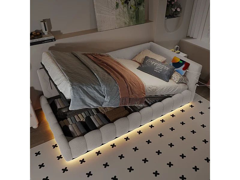 Kinderbed 90x200 cm met LED en USB Type-C, slaapbank van fluweel, wit, zonder matras