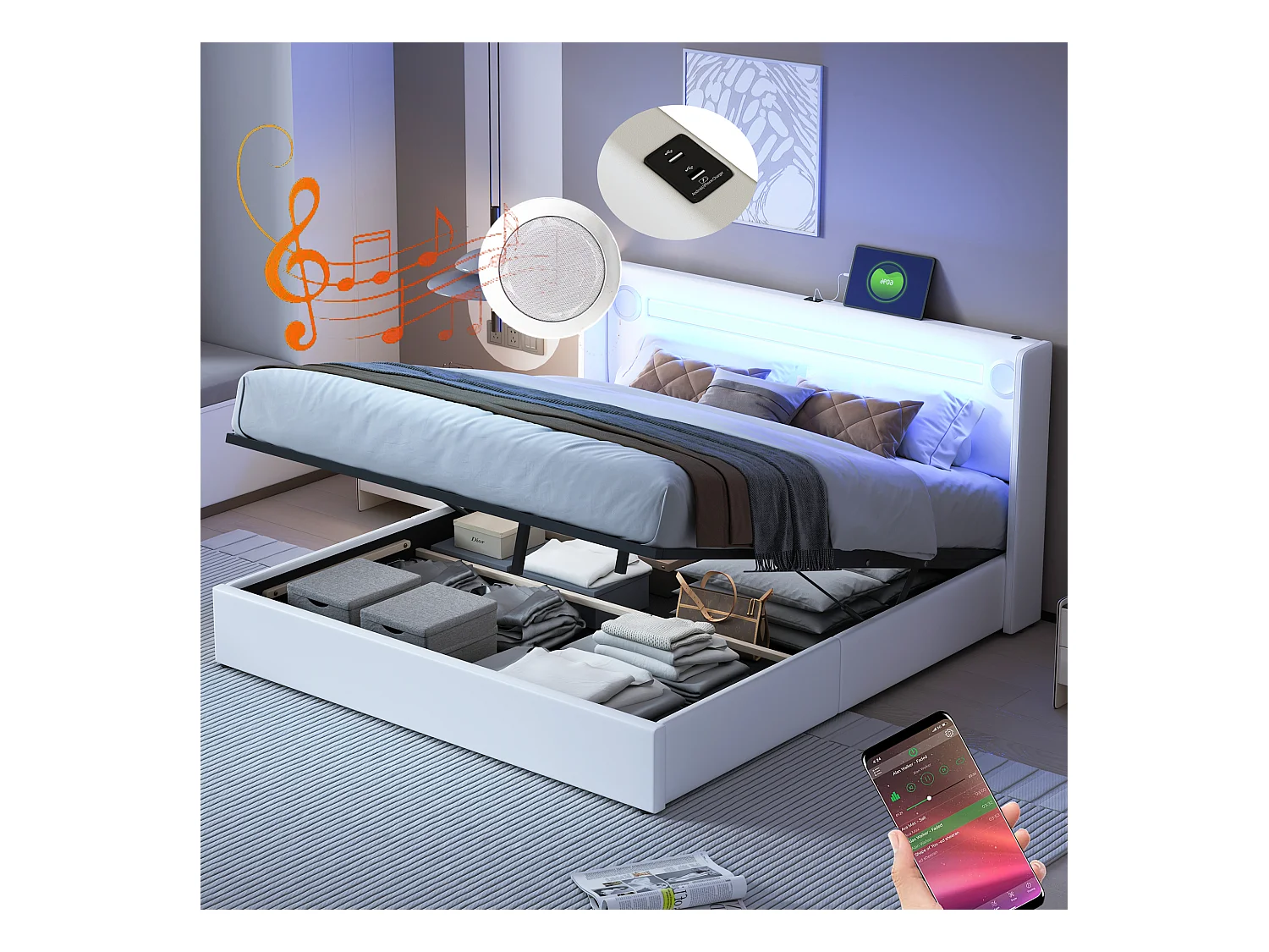 Lit coffre adulte 160x200cm en cuir PU avec USB + LED, blanc, Sommier à lattes, sans matelas