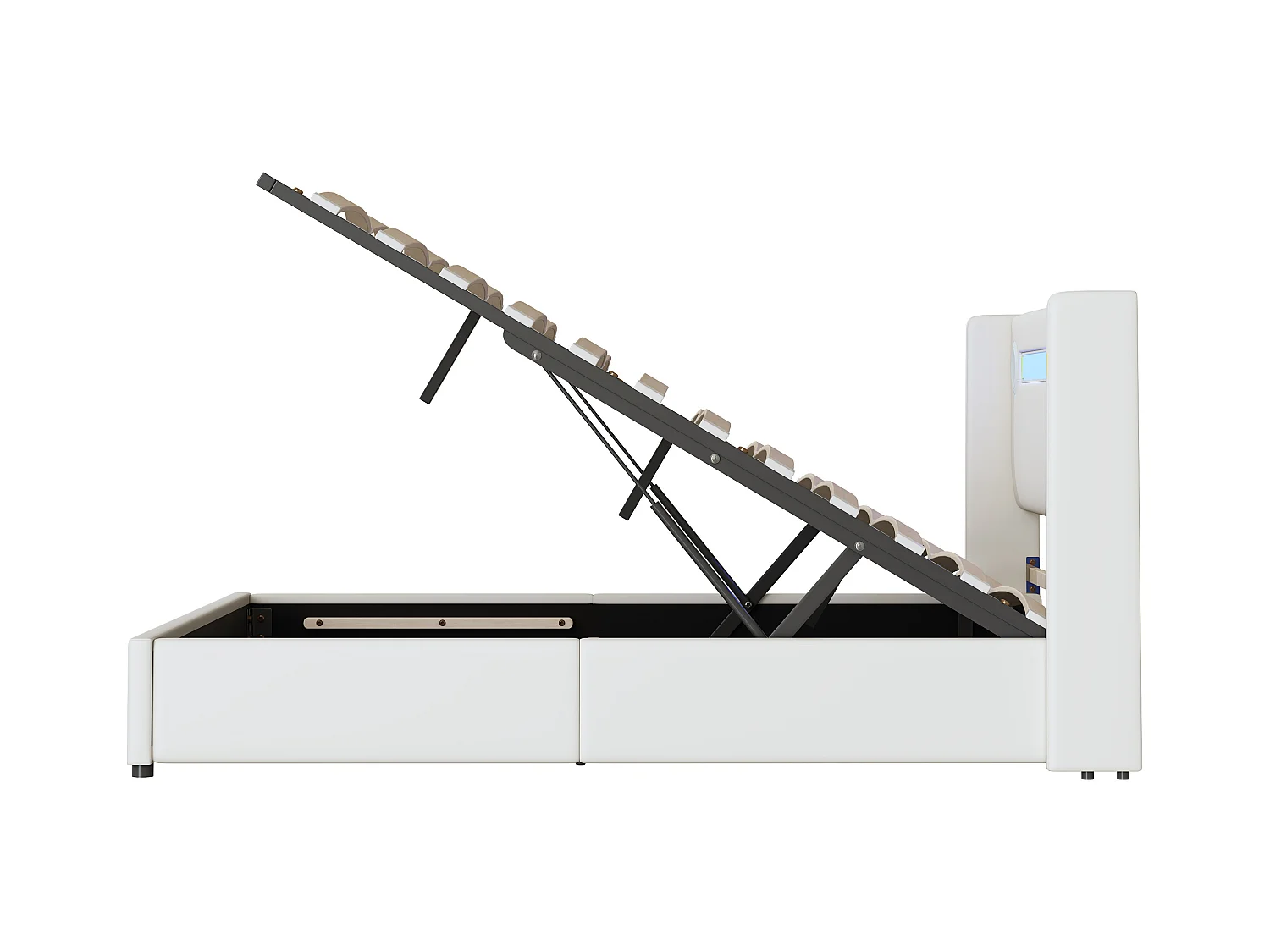 Lit coffre adulte 160x200cm en cuir PU avec USB + LED, blanc, Sommier à lattes, sans matelas