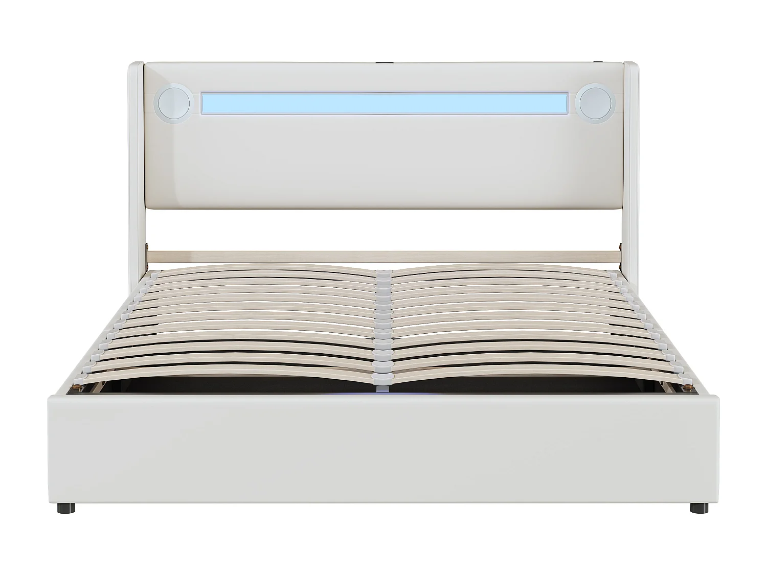 Lit coffre adulte 160x200cm en cuir PU avec USB + LED, blanc, Sommier à lattes, sans matelas