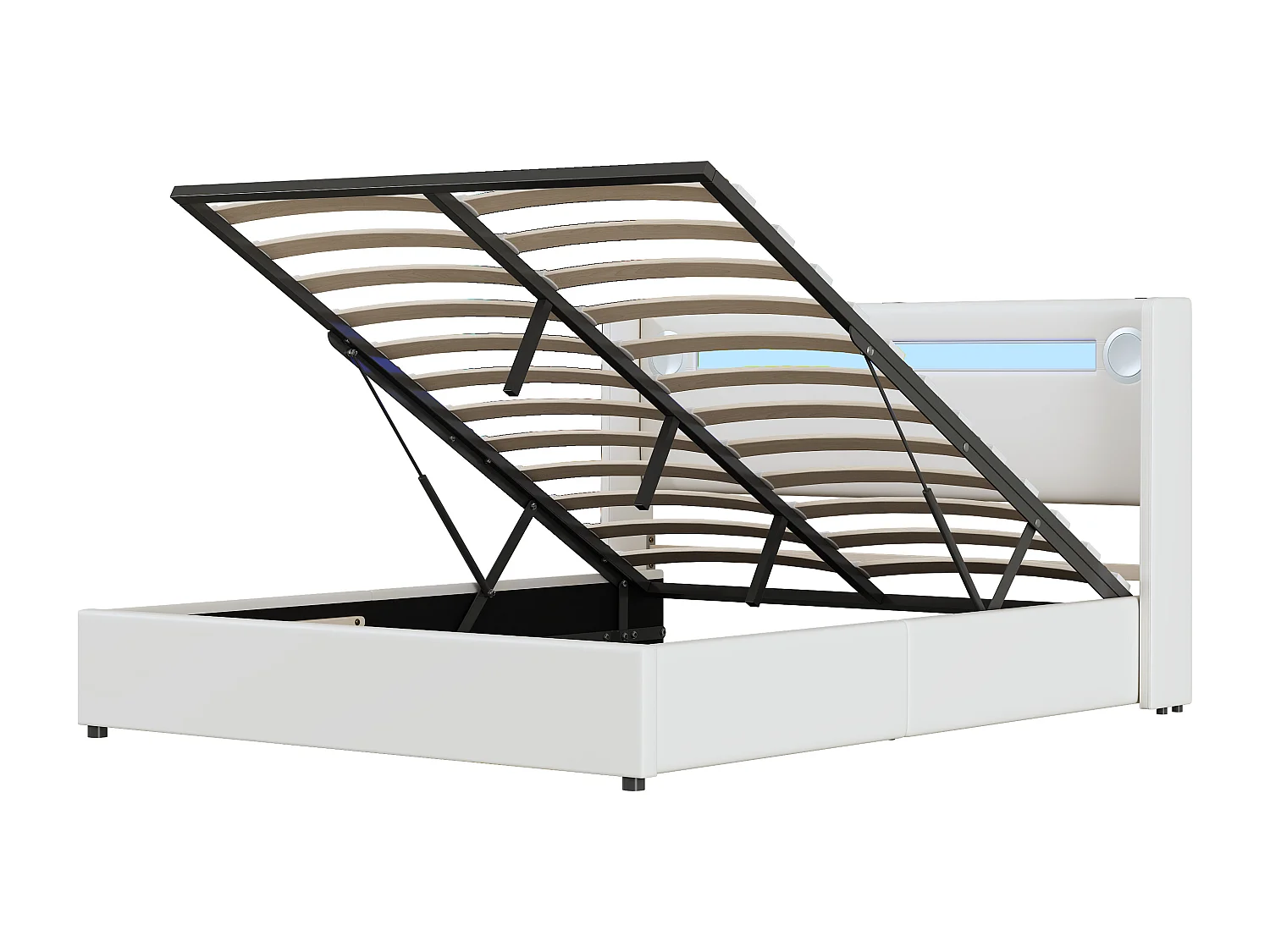 Lit coffre adulte 160x200cm en cuir PU avec USB + LED, blanc, Sommier à lattes, sans matelas