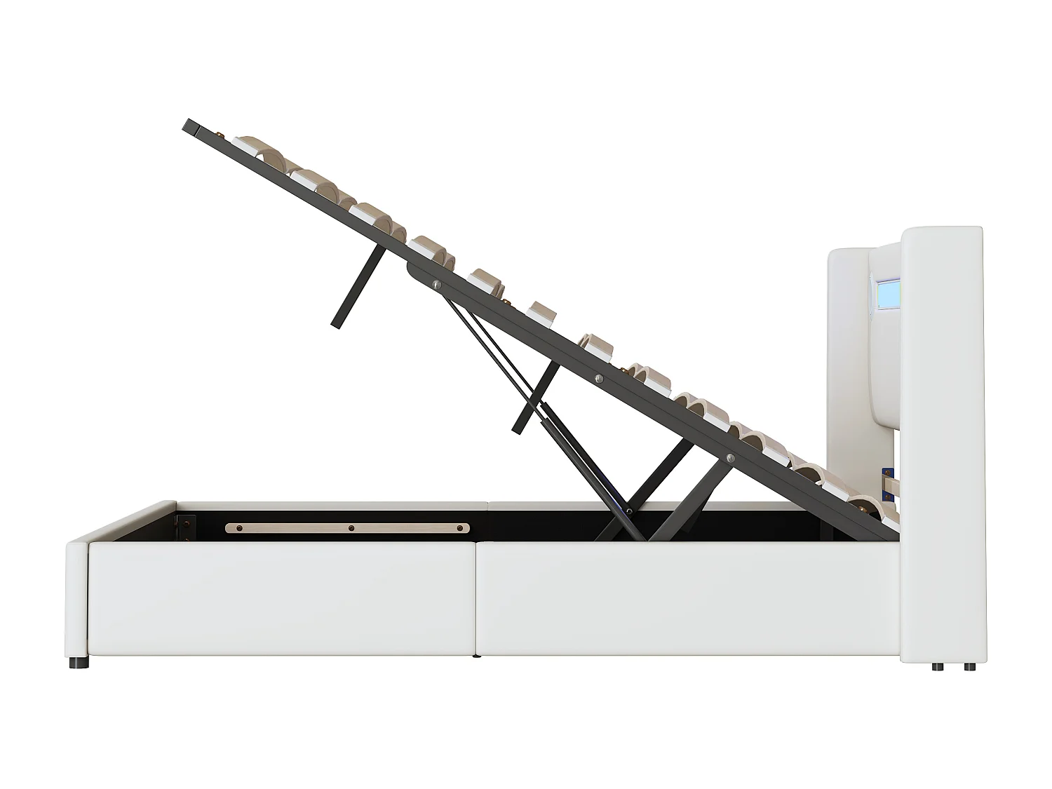 Lit coffre adulte 160x200cm en cuir PU avec USB + LED, blanc, Sommier à lattes, sans matelas