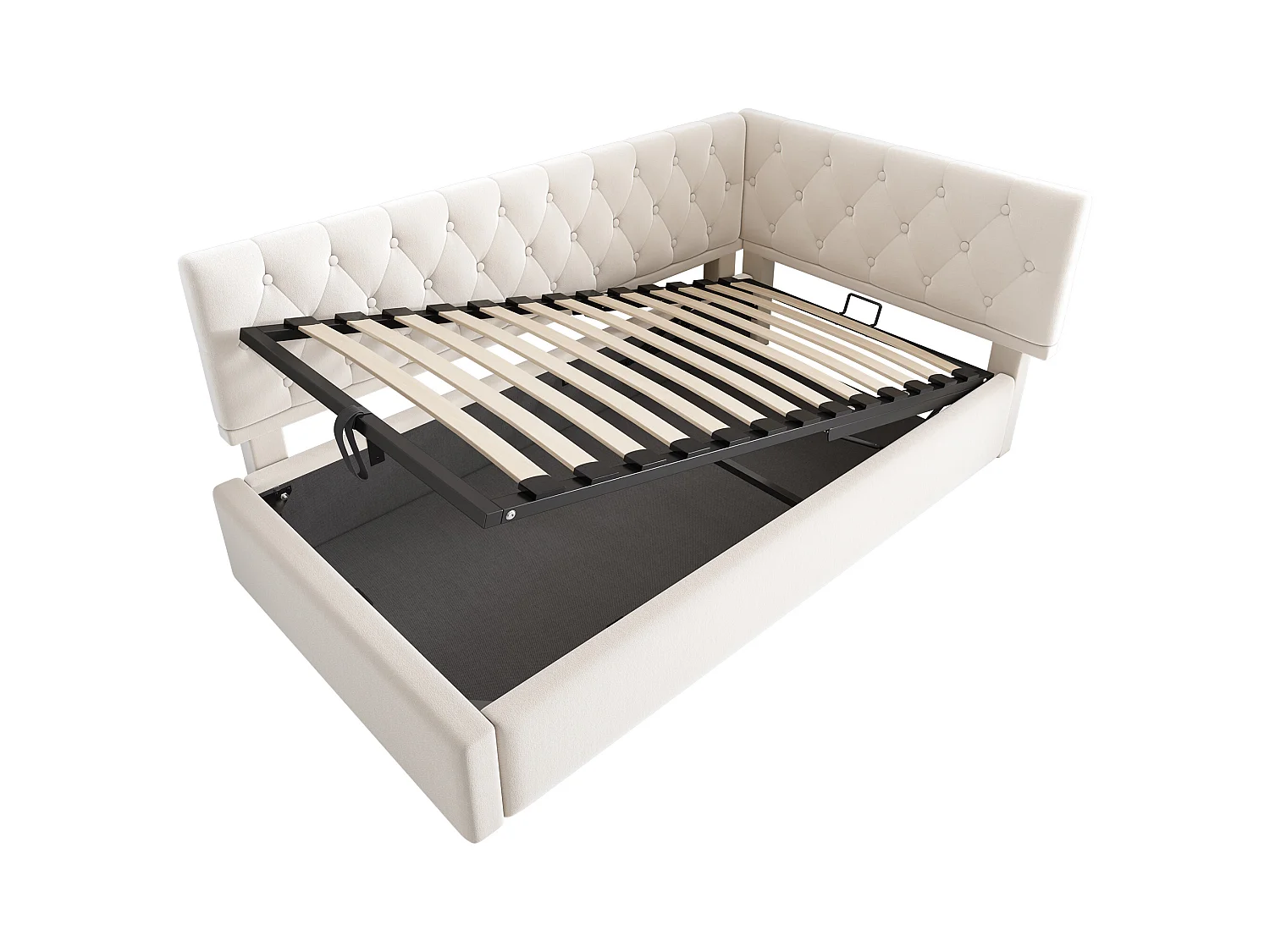 Lit coffre adulte 90x200cm designe L, Canapé-lit en velours beige, sans matelas