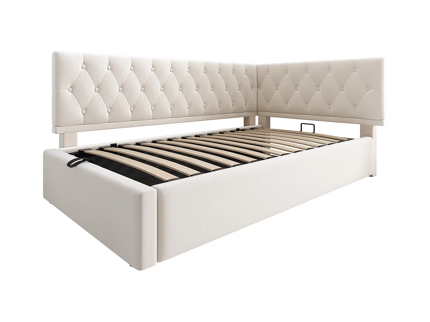 Lit coffre adulte 90x200cm designe L, Canapé-lit en velours beige, sans matelas