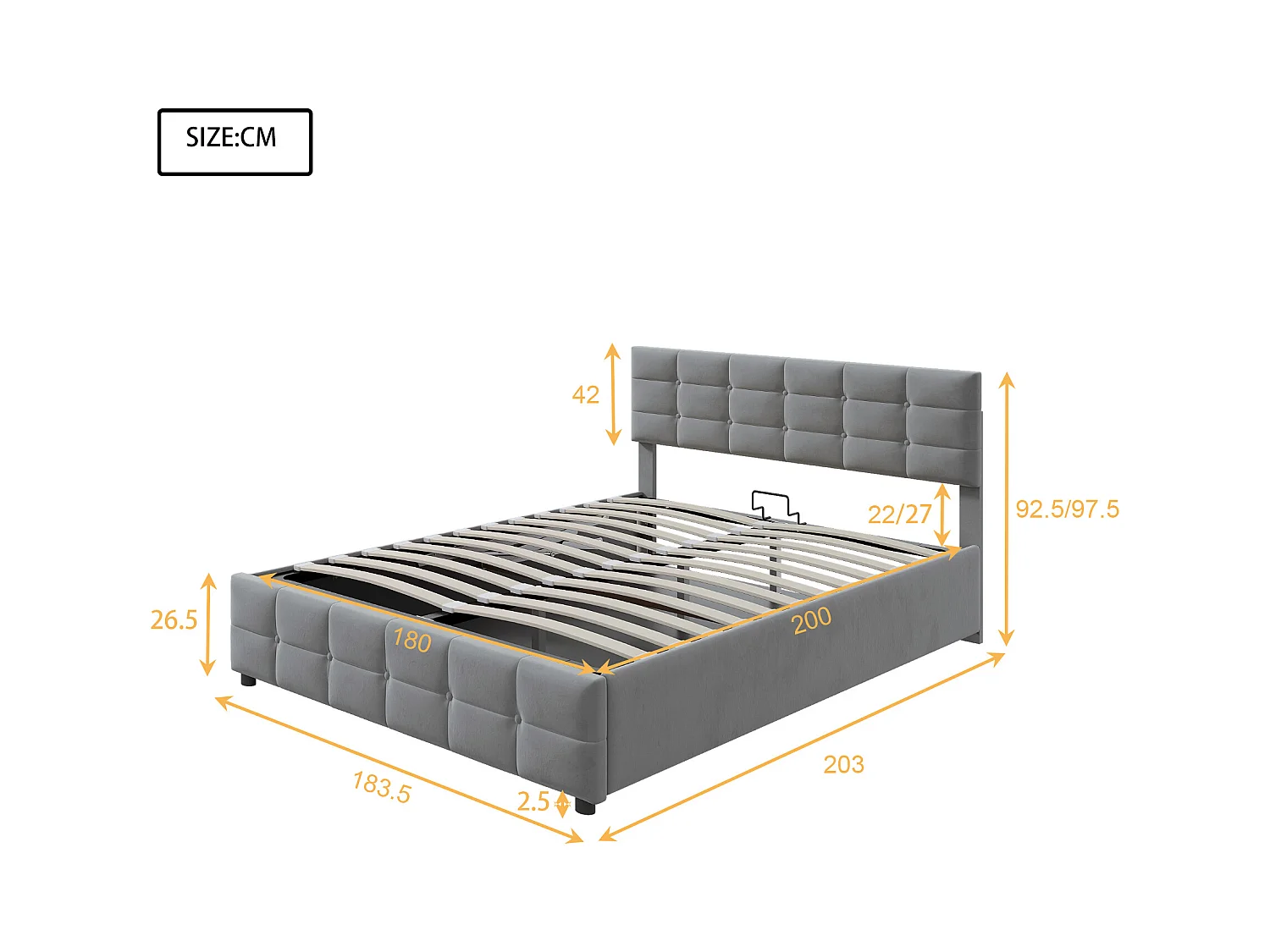 Lit coffre adulte 180x200cm, tissu velours hollandais, sommier à lattes, sans matelas, gris