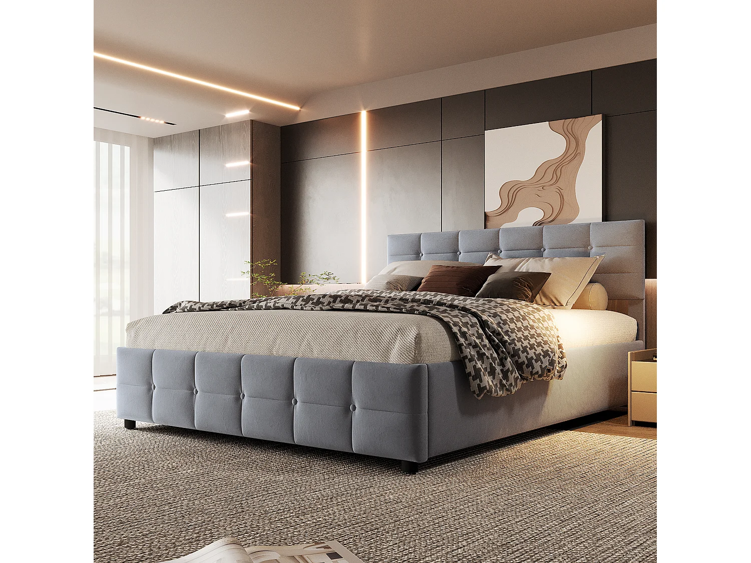 Letto contenitore adulto 180x200 cm, tessuto velluto olandese, sommier a doghe, senza materasso, grigio