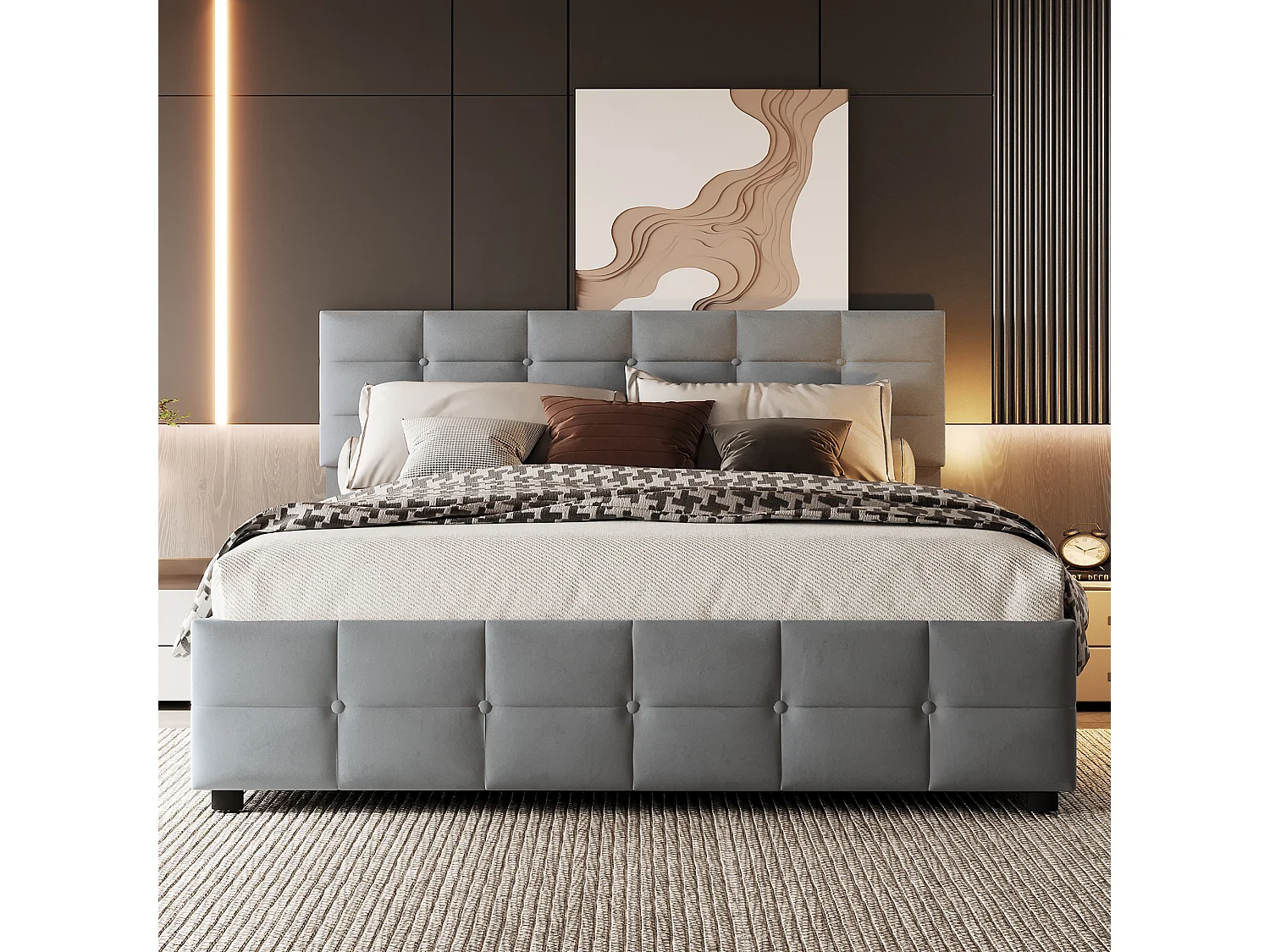 Letto contenitore adulto 180x200 cm, tessuto velluto olandese, sommier a doghe, senza materasso, grigio