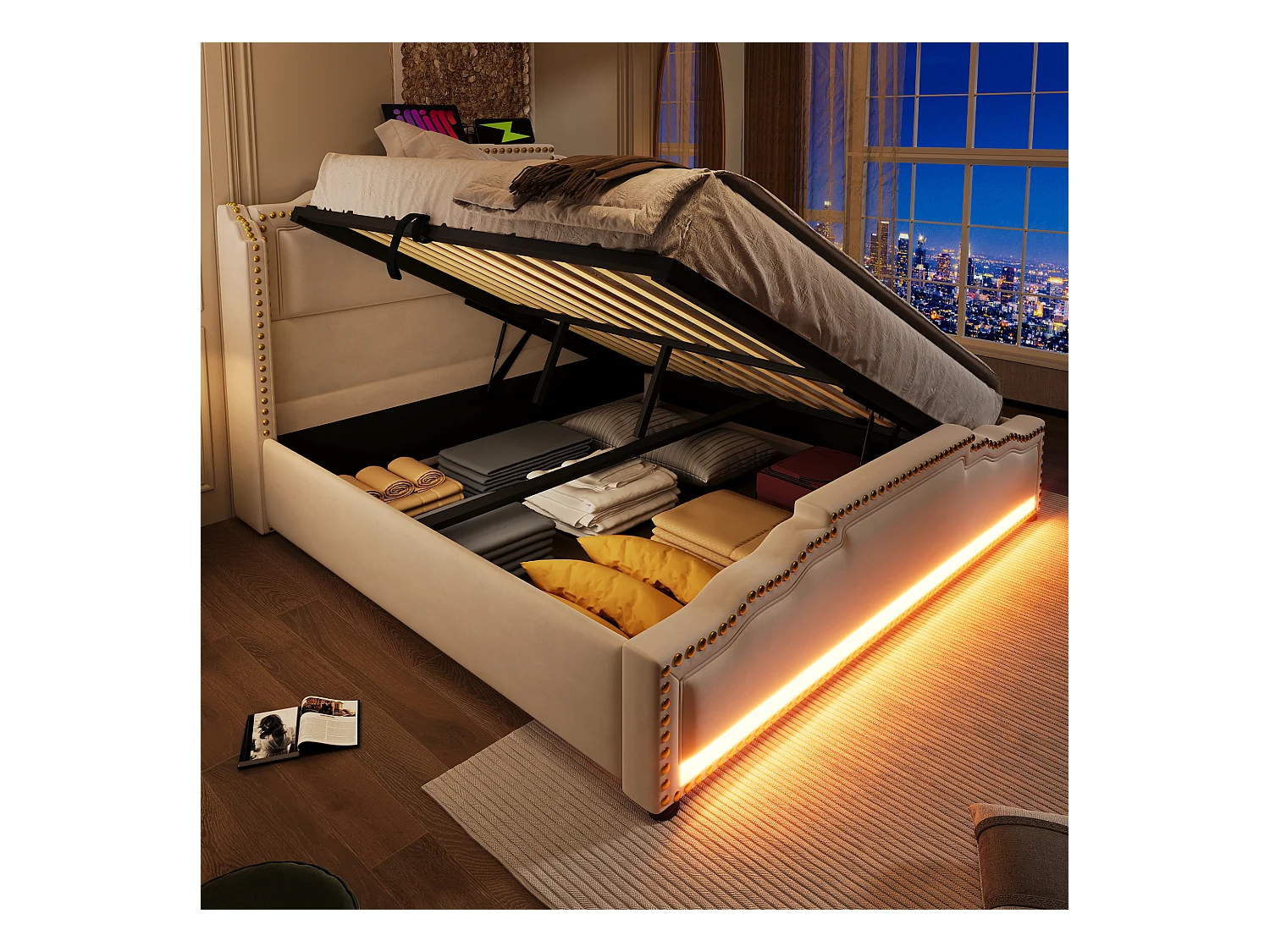 Lit coffre adulte 140x200cm avec LED et USB Type-C, velours, beige, sans matelas