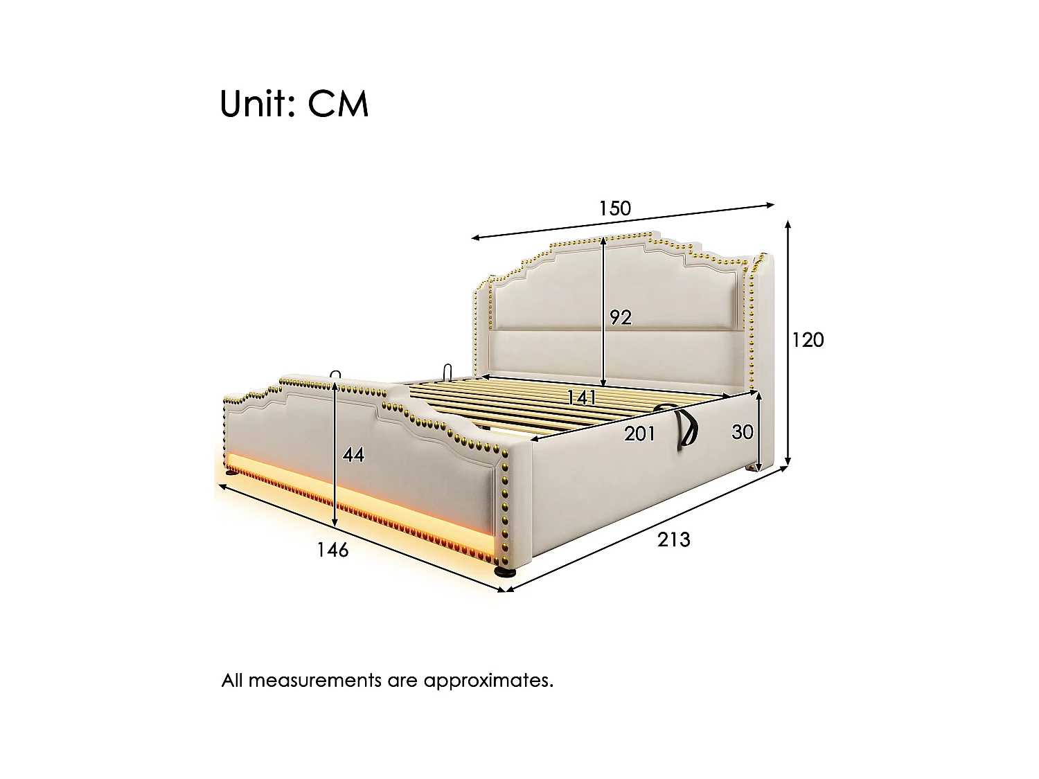 Lit coffre adulte 140x200cm avec LED et USB Type-C, velours, beige, sans matelas