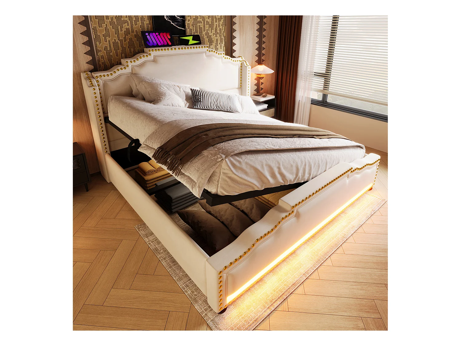 Lit coffre adulte 140x200cm avec LED et USB Type-C, velours, beige, sans matelas