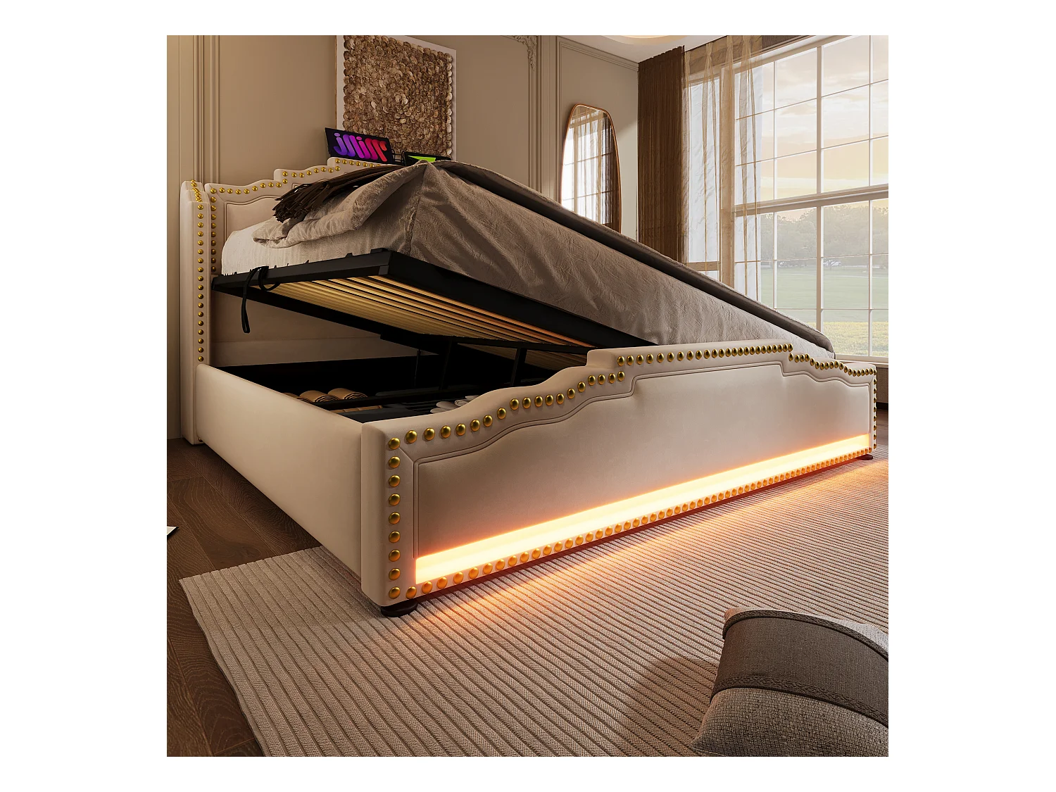 Lit coffre adulte 140x200cm avec LED et USB Type-C, velours, beige, sans matelas