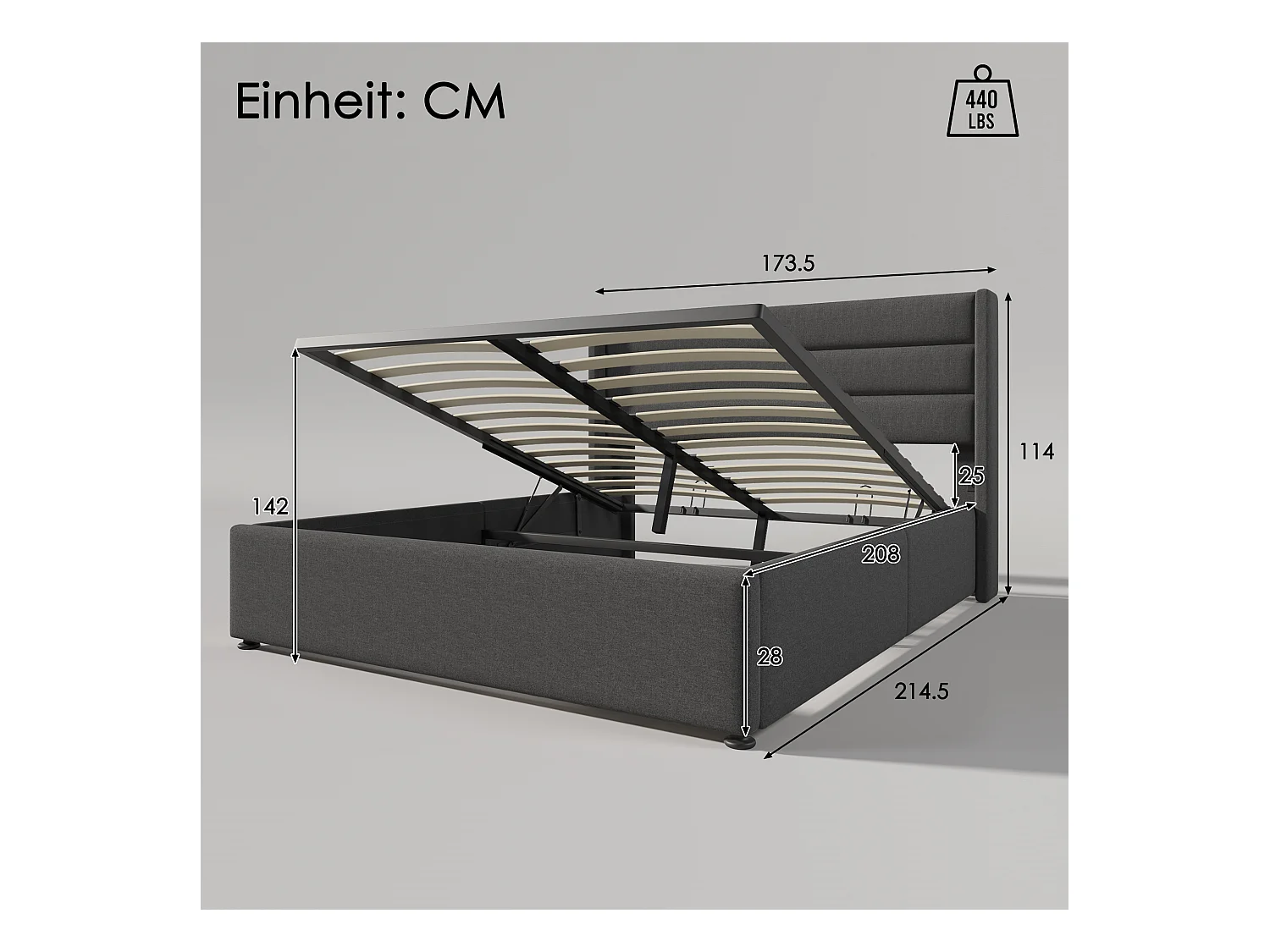 Lit coffre adulte 160x200cm, sommier à lattes en bois, métal+lin, gris, sans matelas