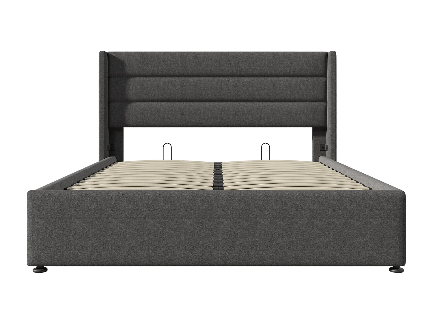 Cama com arrumação adulto 160x200 cm, sommier à lattes em madeira, metal + linho, cinza, sem colchão