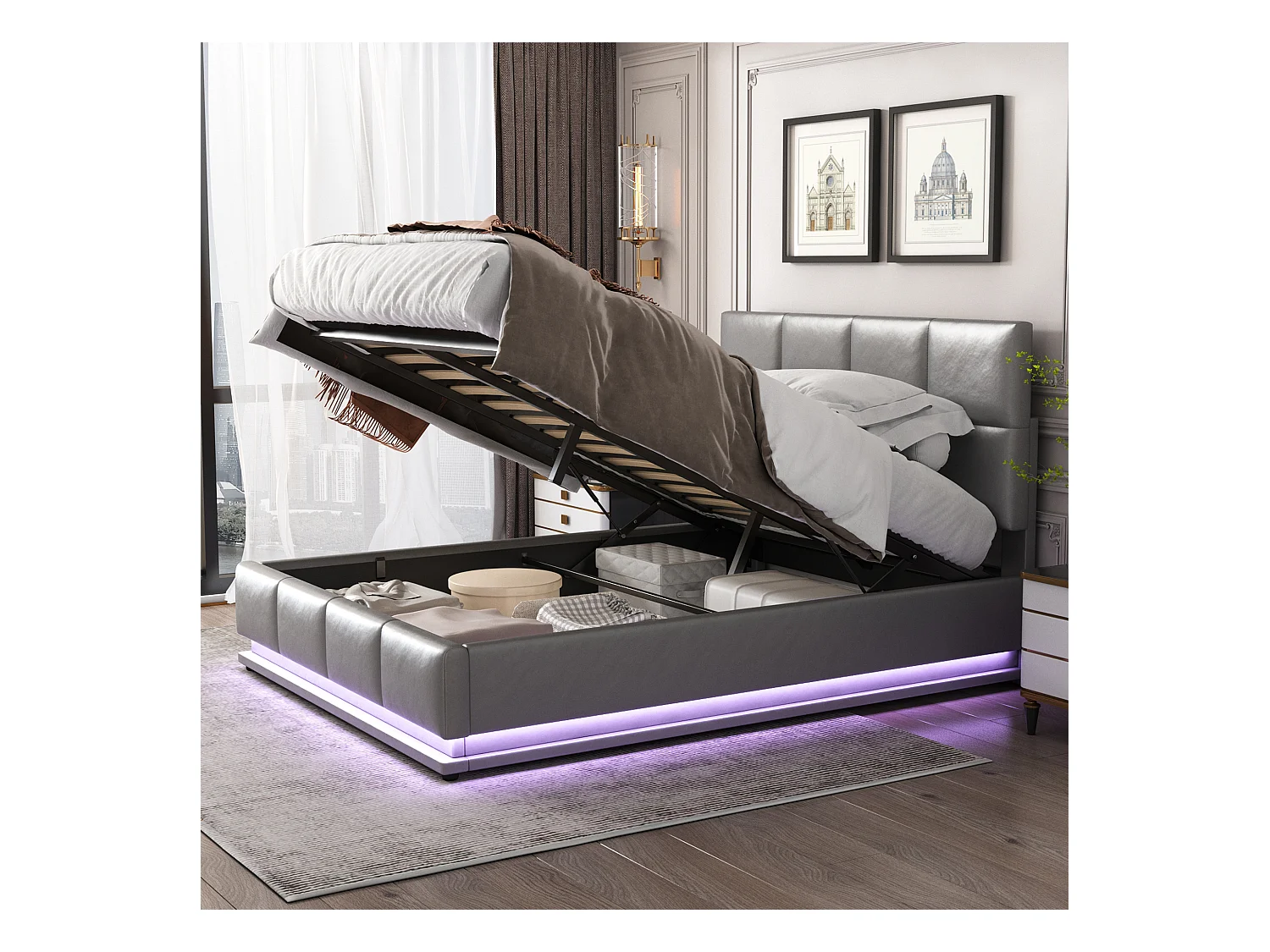 Lit coffre adulte 140x200cm gris avec LED et sommier à lattes, simili cuir, sans matelas