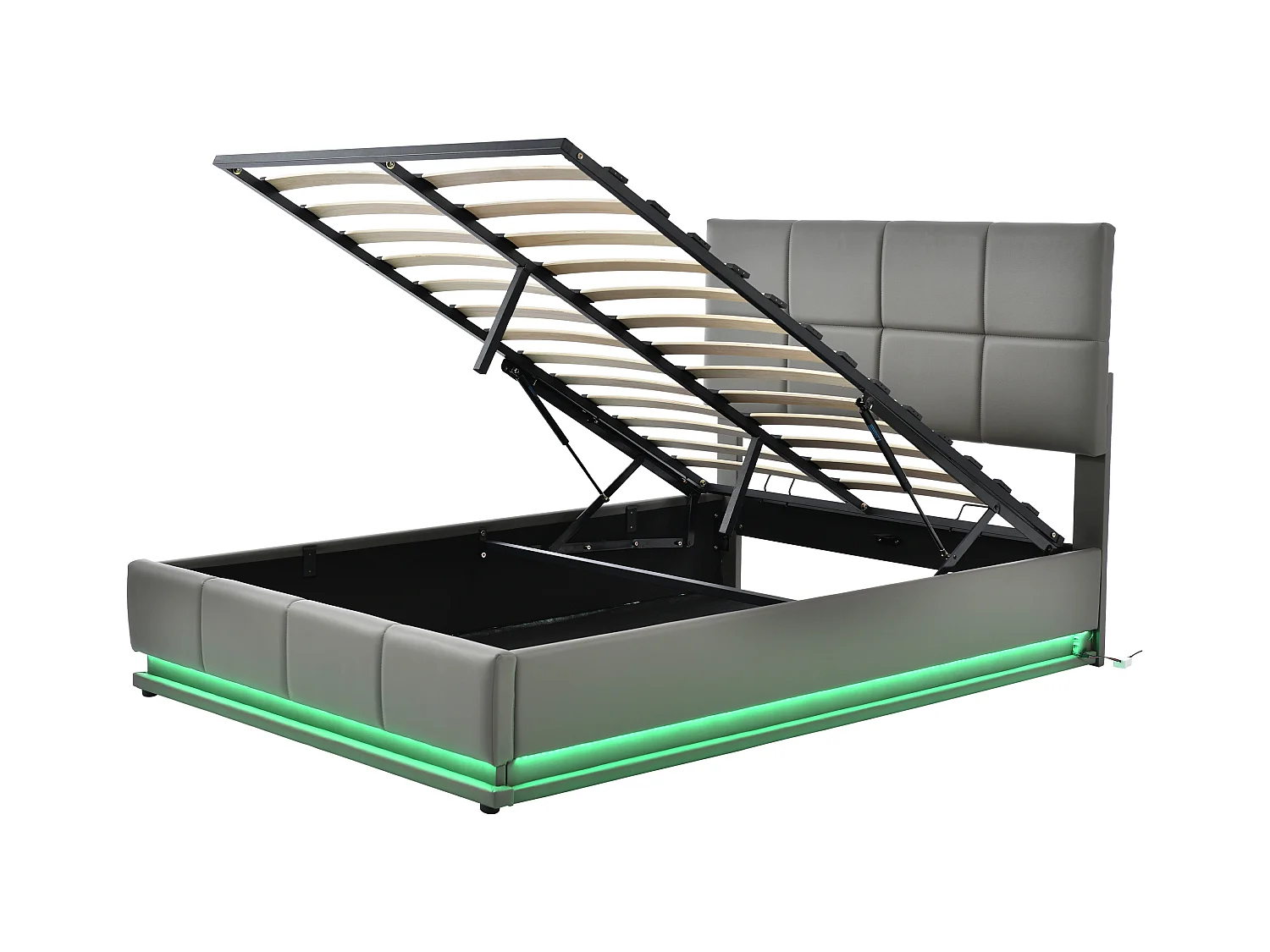 Lit coffre adulte 140x200cm gris avec LED et sommier à lattes, simili cuir, sans matelas
