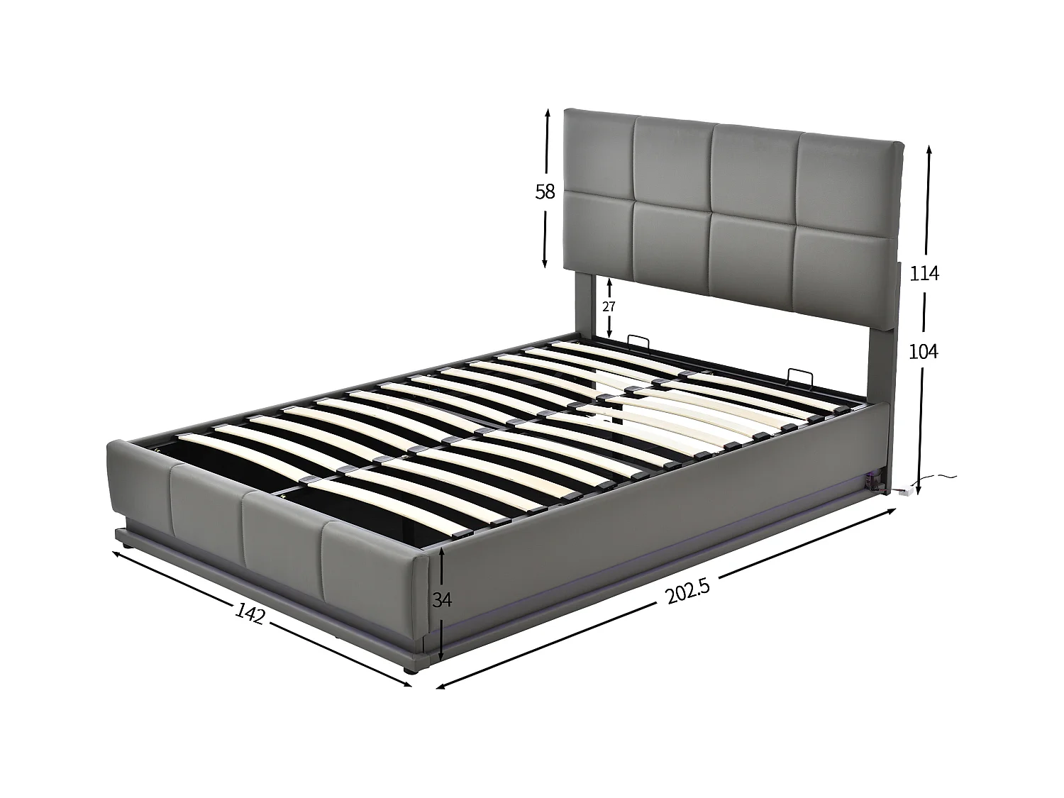 Lit coffre adulte 140x200cm gris avec LED et sommier à lattes, simili cuir, sans matelas