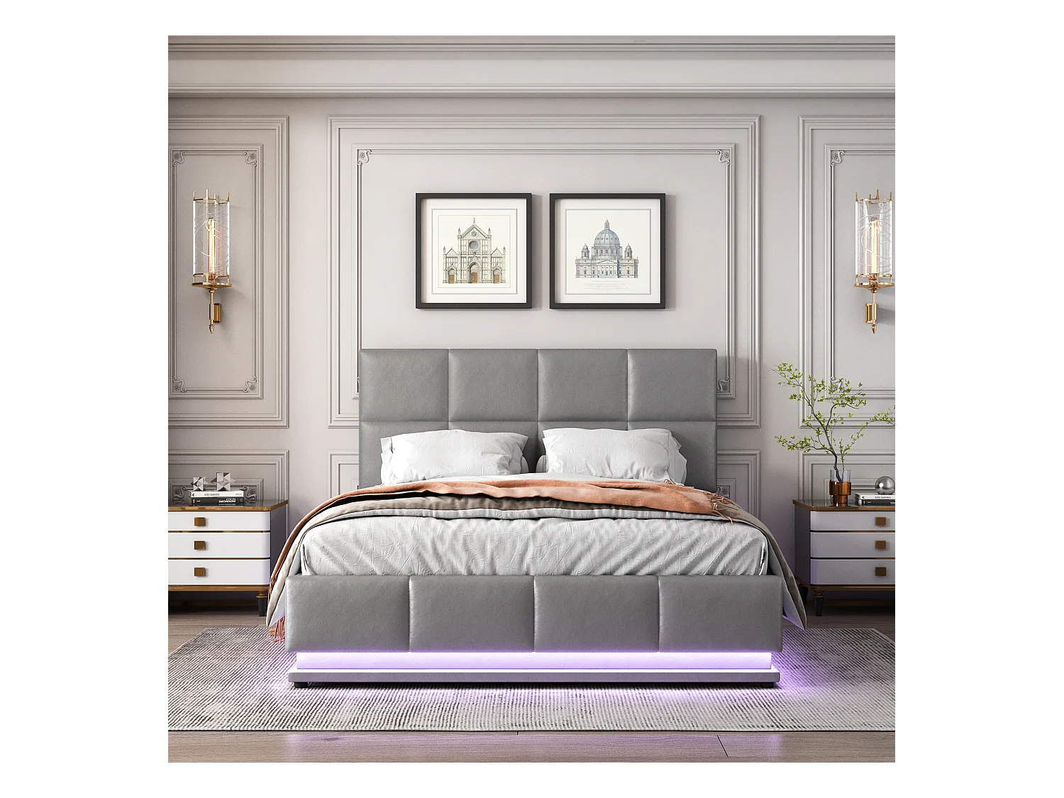 Lit coffre adulte 140x200cm gris avec LED et sommier à lattes, simili cuir, sans matelas
