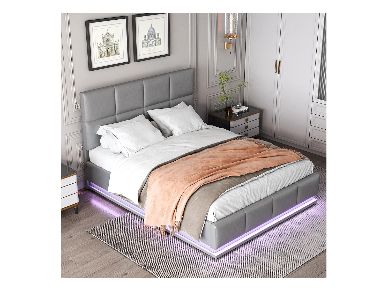 Lit coffre adulte 140x200cm gris avec LED et sommier à lattes, simili cuir, sans matelas