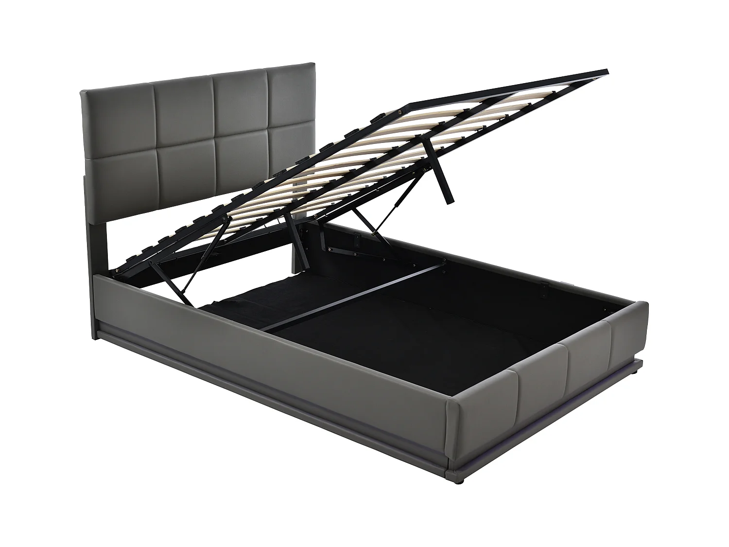 Lit coffre adulte 140x200cm gris avec LED et sommier à lattes, simili cuir, sans matelas