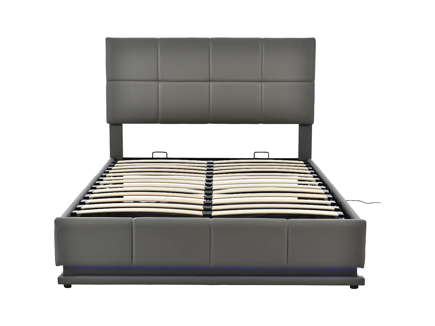 Lit coffre adulte 140x200cm gris avec LED et sommier à lattes, simili cuir, sans matelas
